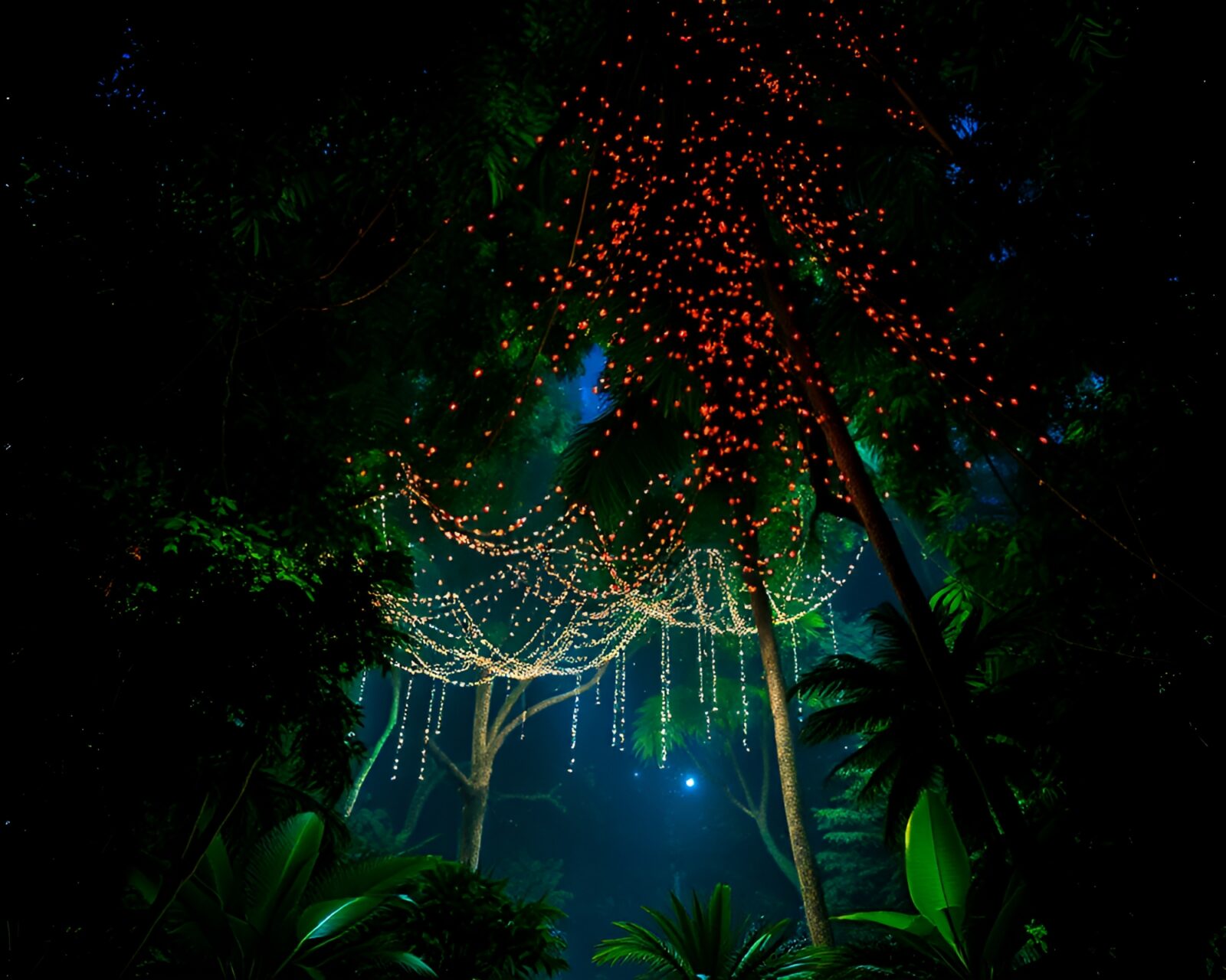 Vivid theatrical lighting illuminating glitchy rainforest canopy in dots.