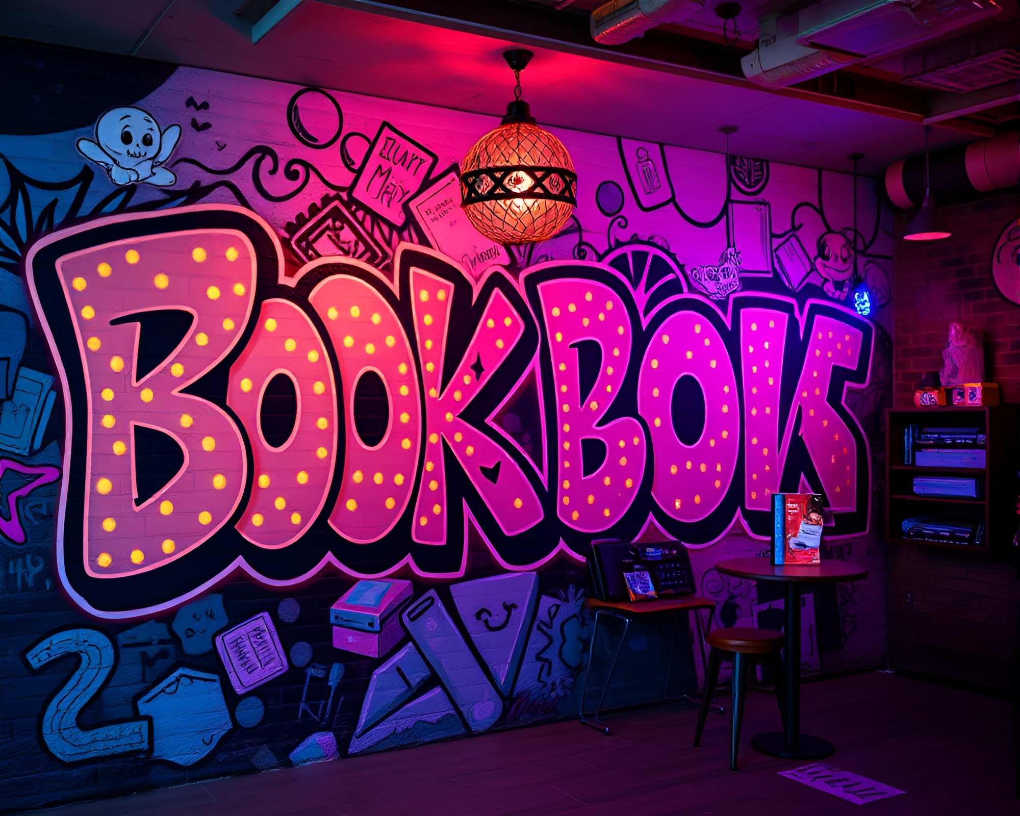 Enchanted Book Mural in Synthwave Club – free AI stock image