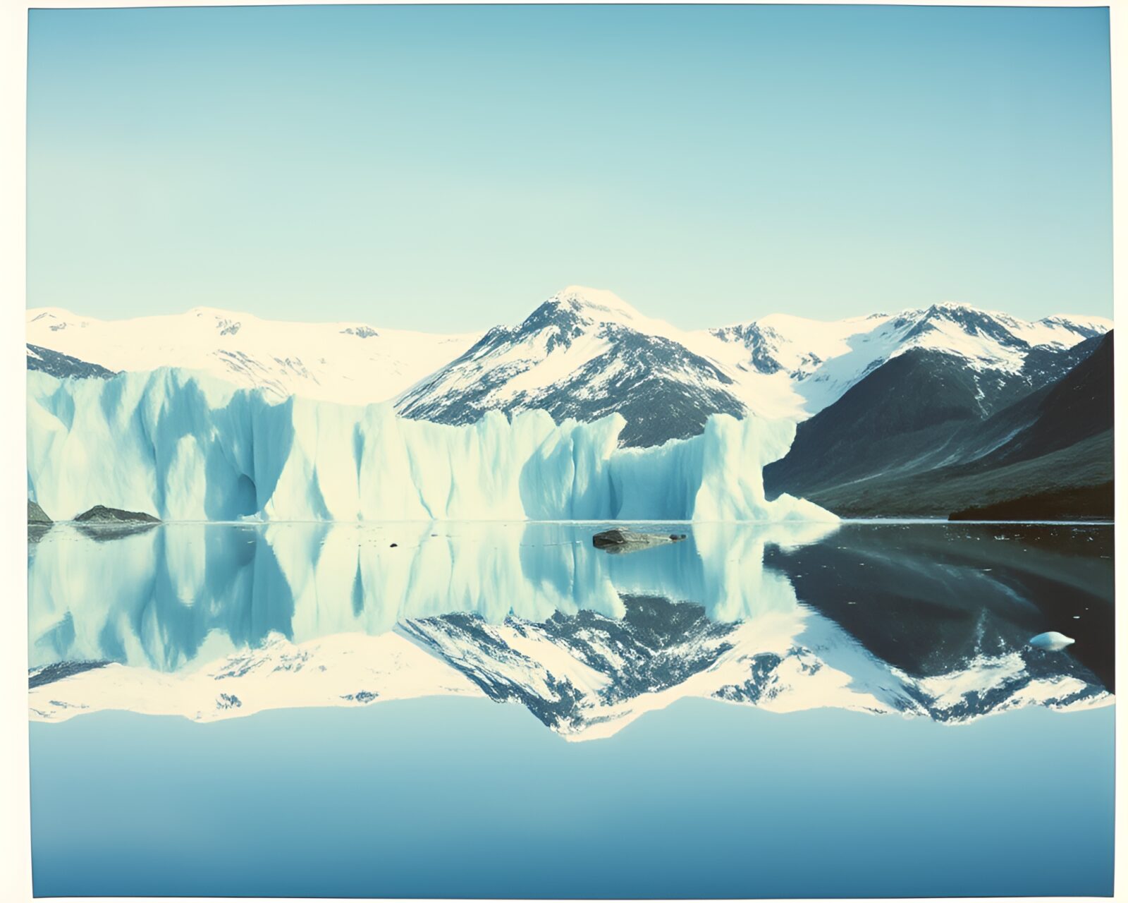 A double reflection of a glacier captured in vintage polaroid style with calligraphy overlay.