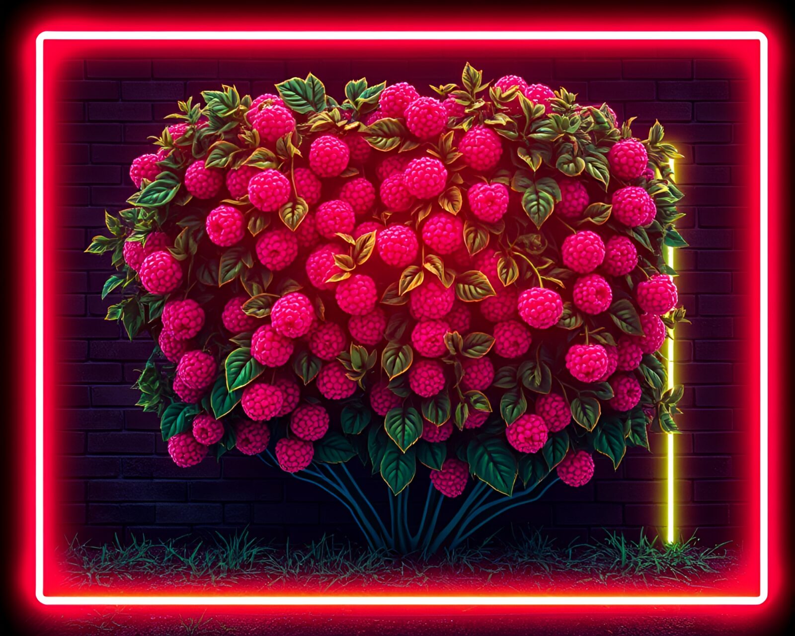 Vibrant spray paint graffiti of a pixelated light raspberry bush