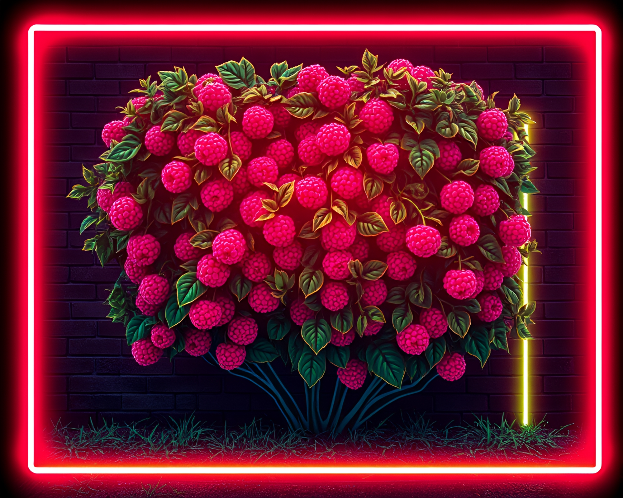 Neon Wireframe Raspberry Bush Graffiti Art – free AI stock image
