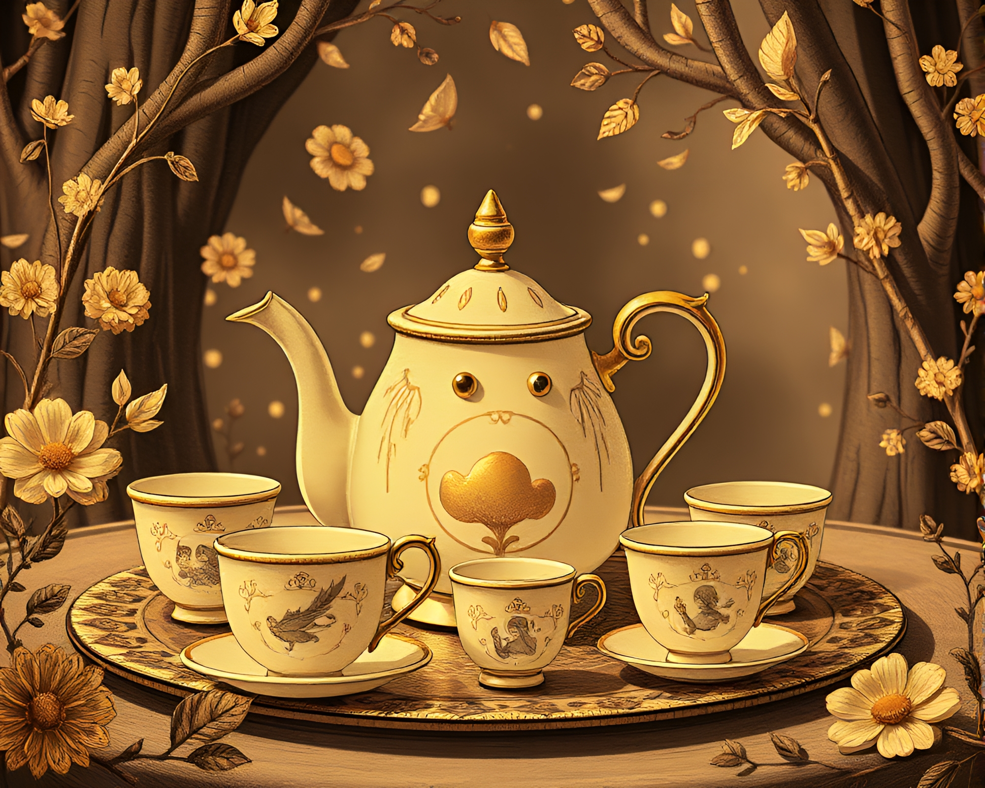 Whimsical Alice in Wonderland Tea Party with Gold Foil Accents – free AI stock image