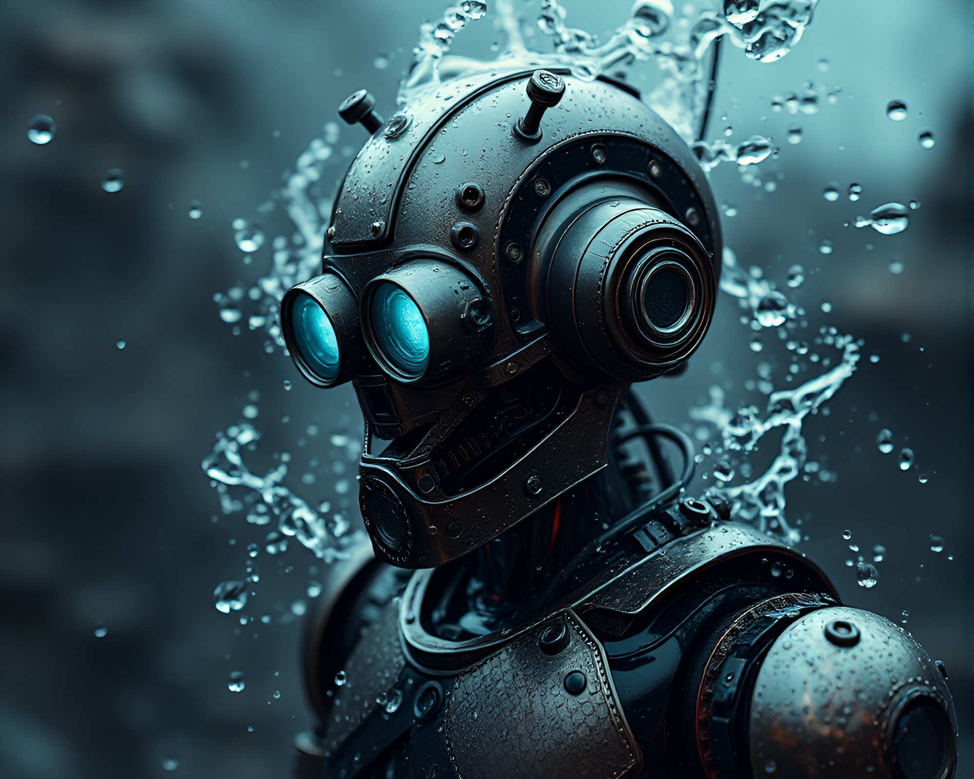 Steampunk Robot Reflecting in Distorted Water – free AI stock image