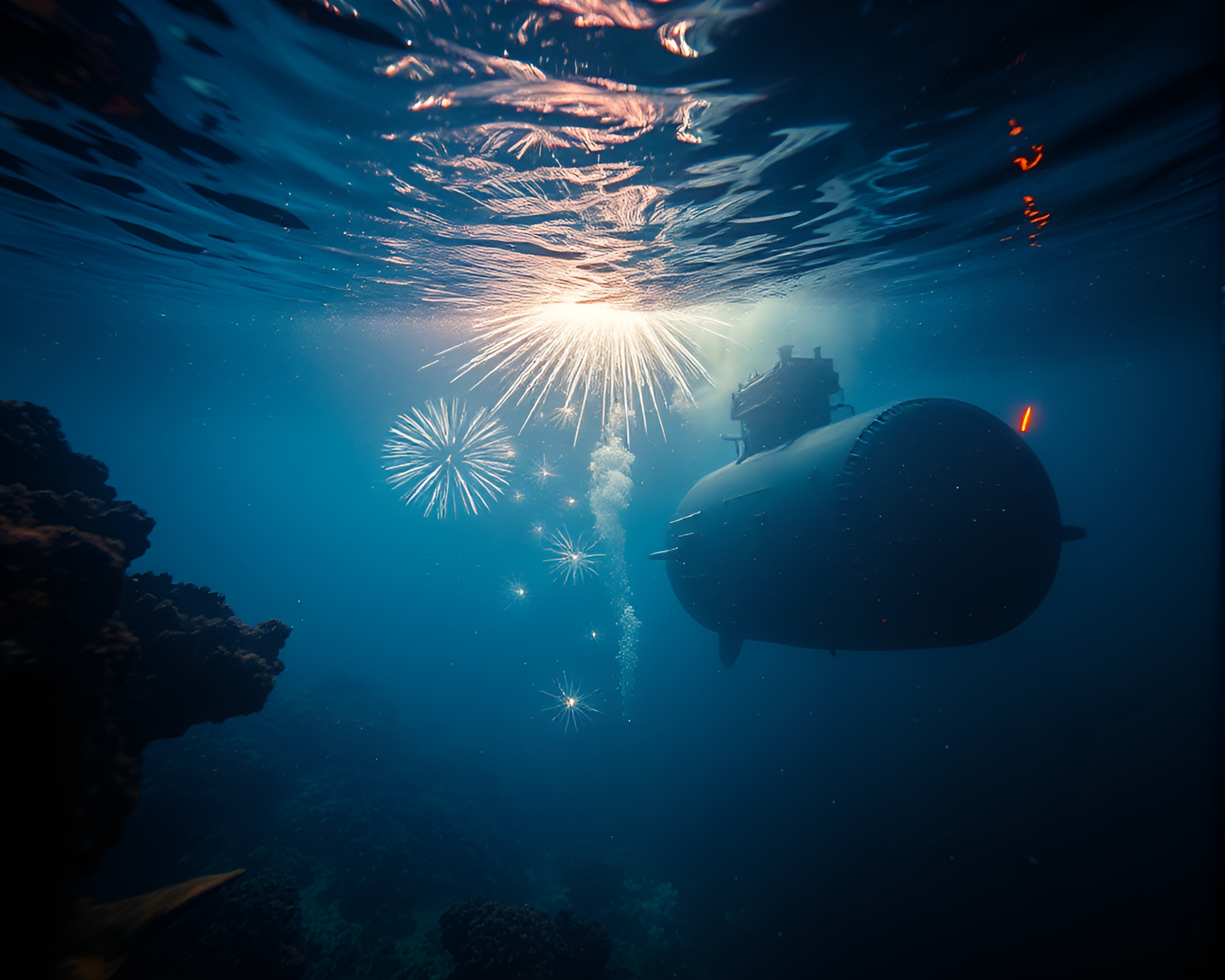 Underwater Submarine Fireworks Spectacle – free AI stock image