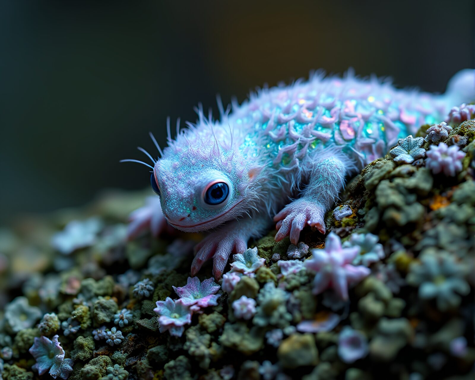 Lichen-covered creature with holographic fur in glitchy minimalist setting