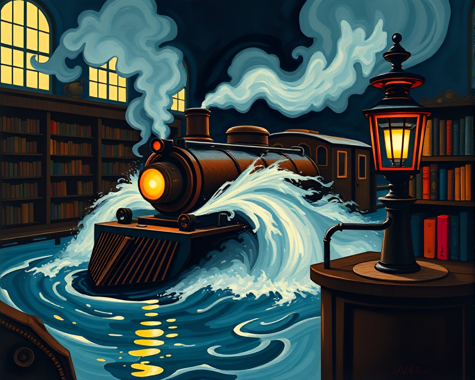 Abstract art of a train inside a swirling water whirlpool