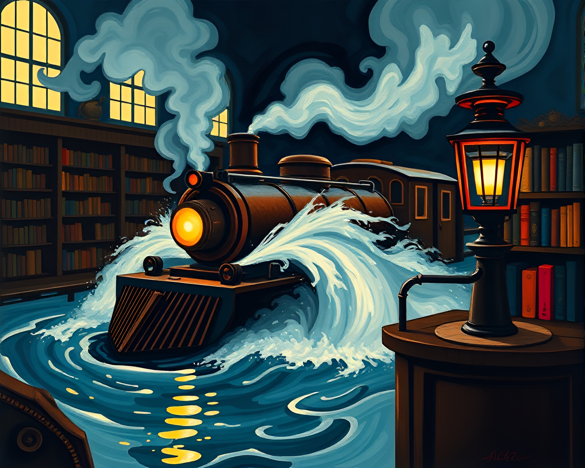 Surreal Cubist Steam Locomotive Encased in Water Vortex – free AI stock image