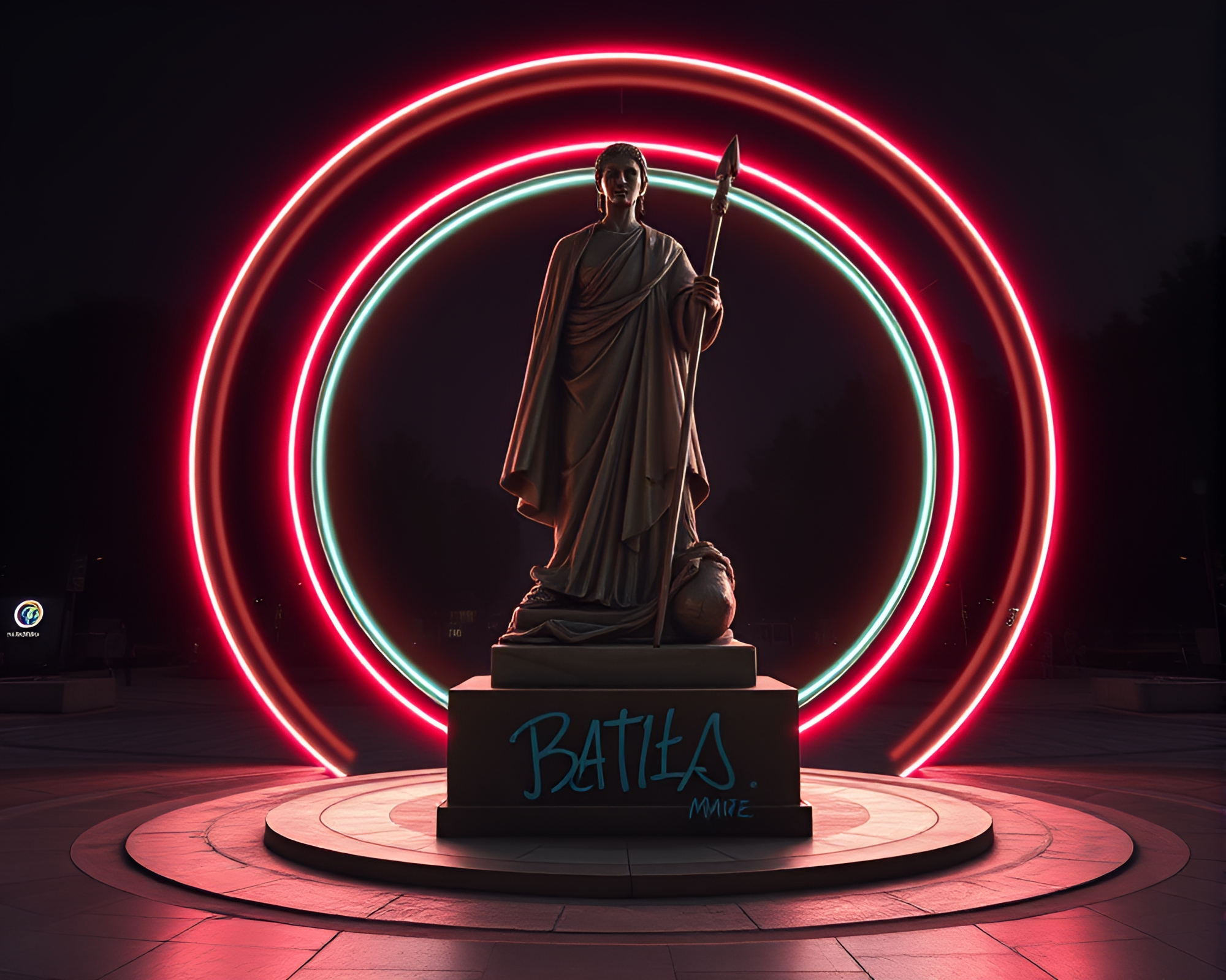 Neon Graffiti Statue in Calligraphy Circles – free AI stock image