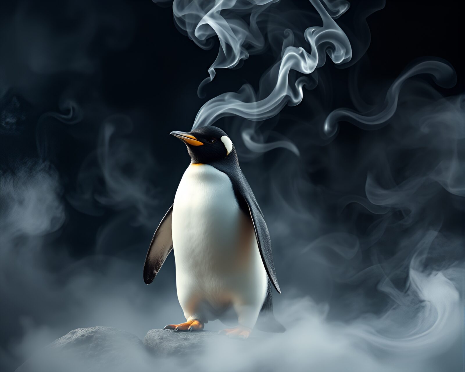 Gorgeous Penguin in ethereal planetary lighting surrounded by swirling smoke