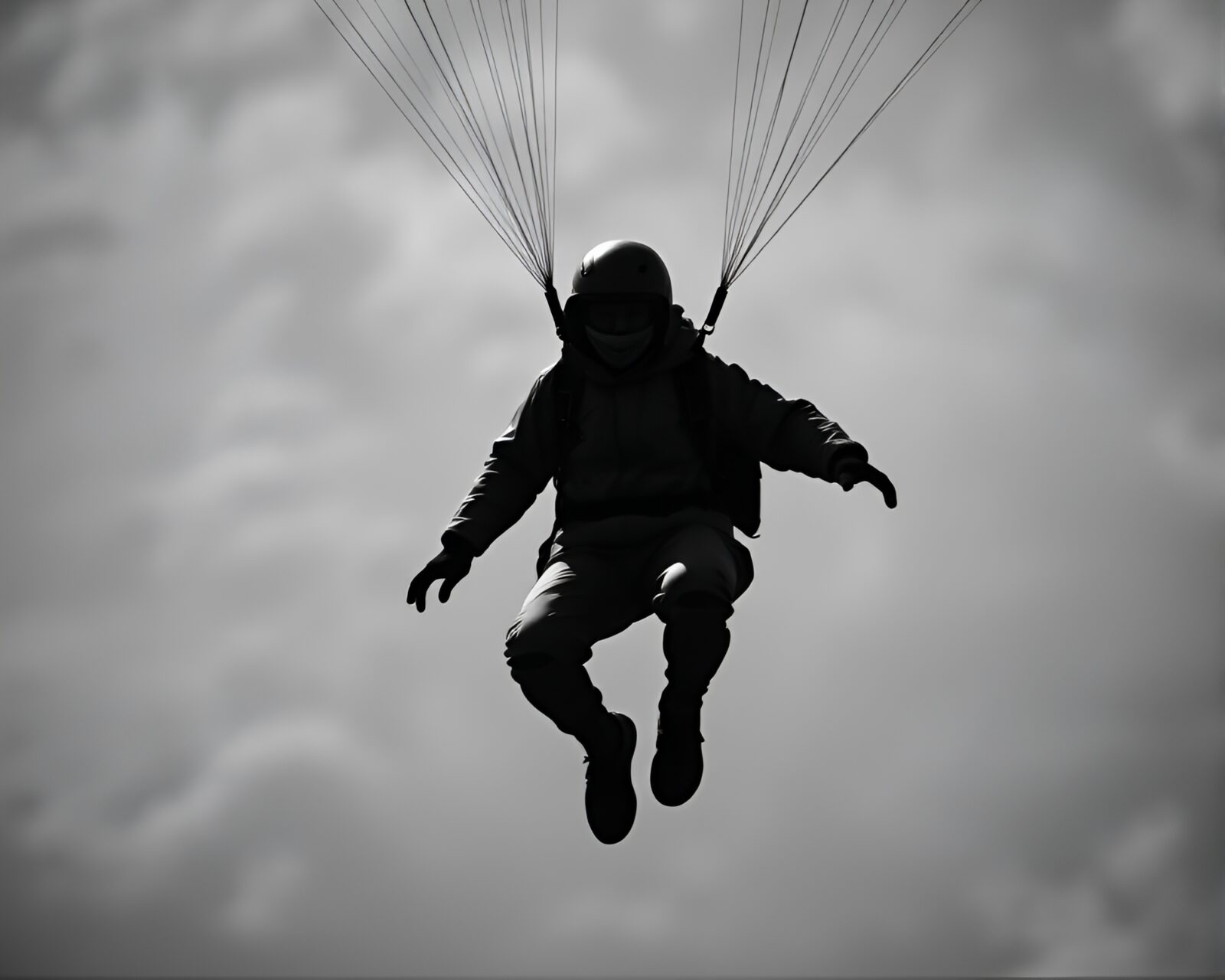 Silhouette of a parachute jumper in bright, dreamy atmosphere