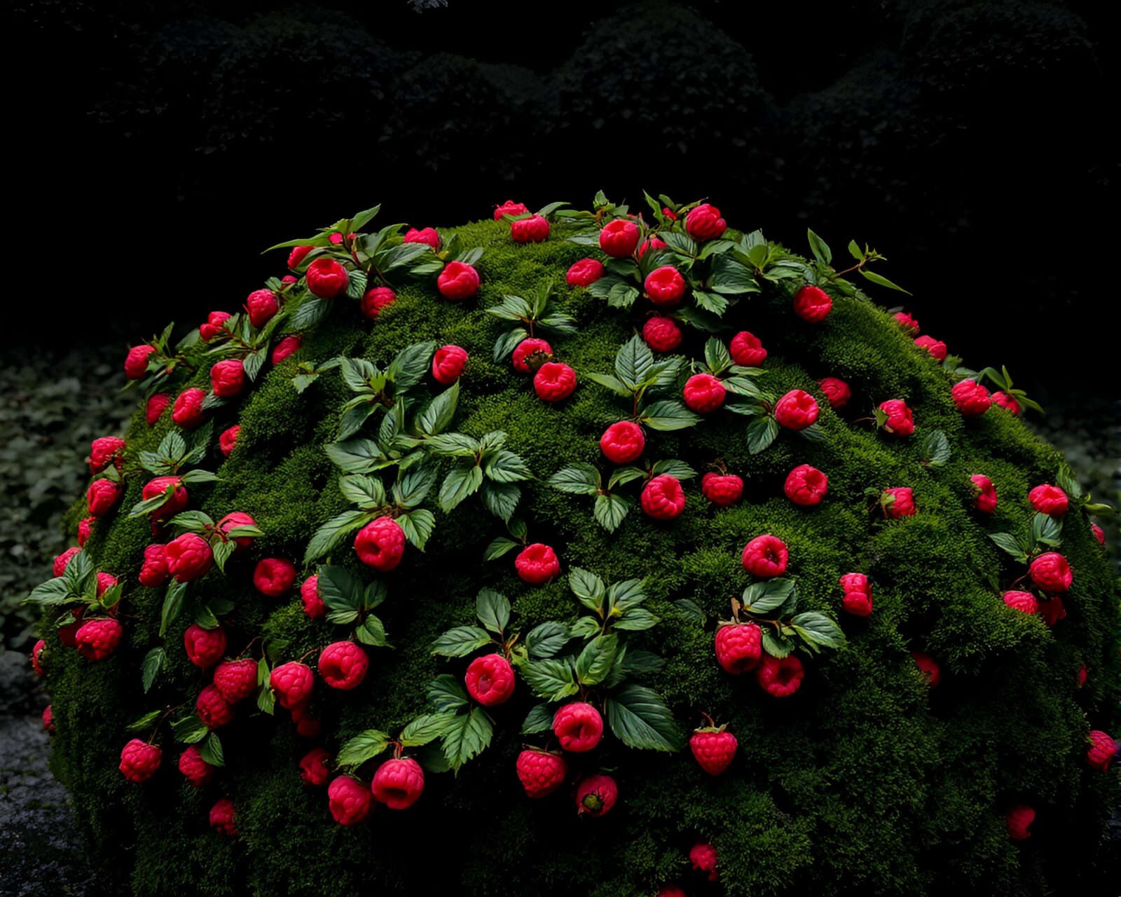 Pop art noir scene with vibrant raspberry bush and moss