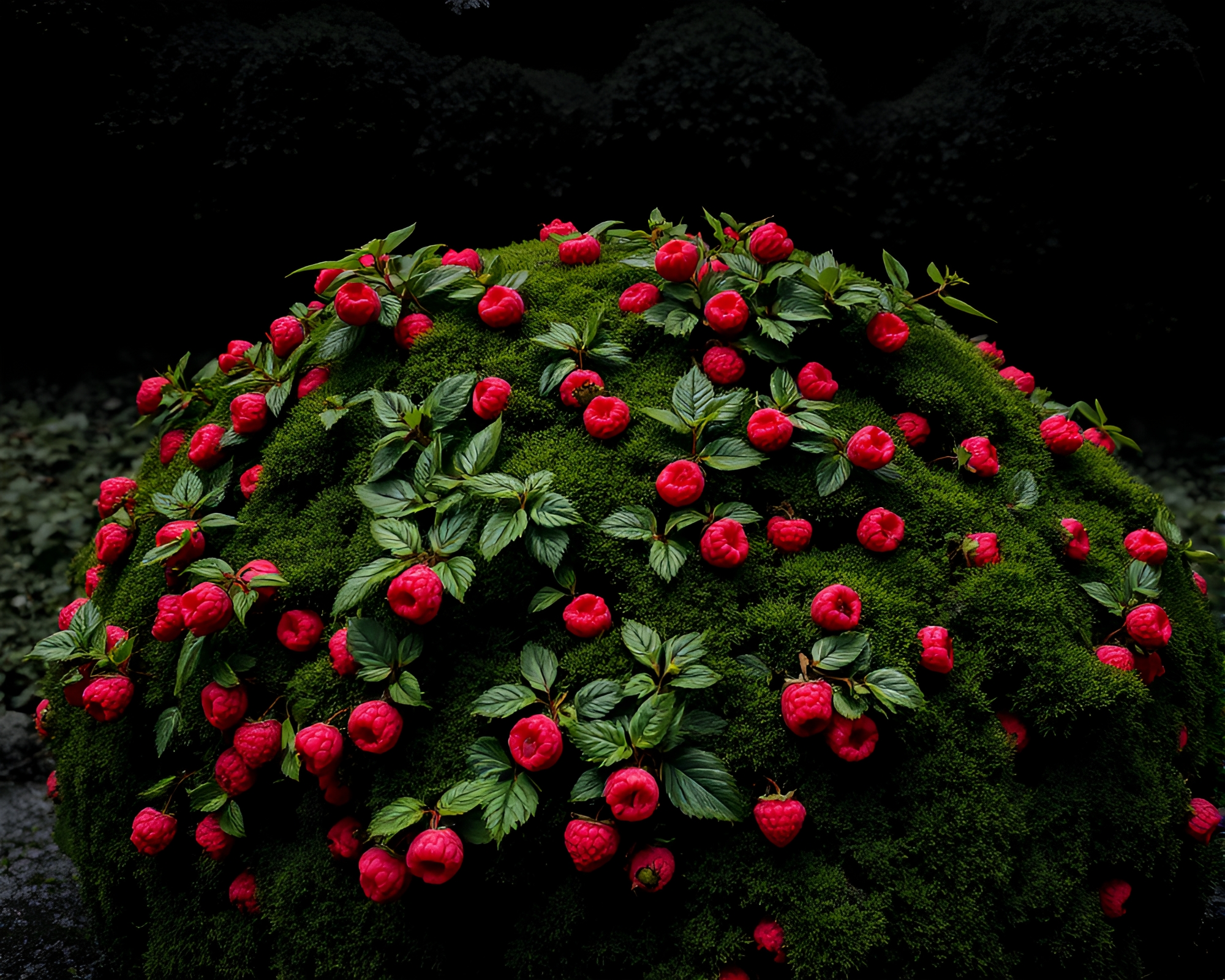 Mystical Raspberry Bush Amidst Lush Mossy Growth – free AI stock image