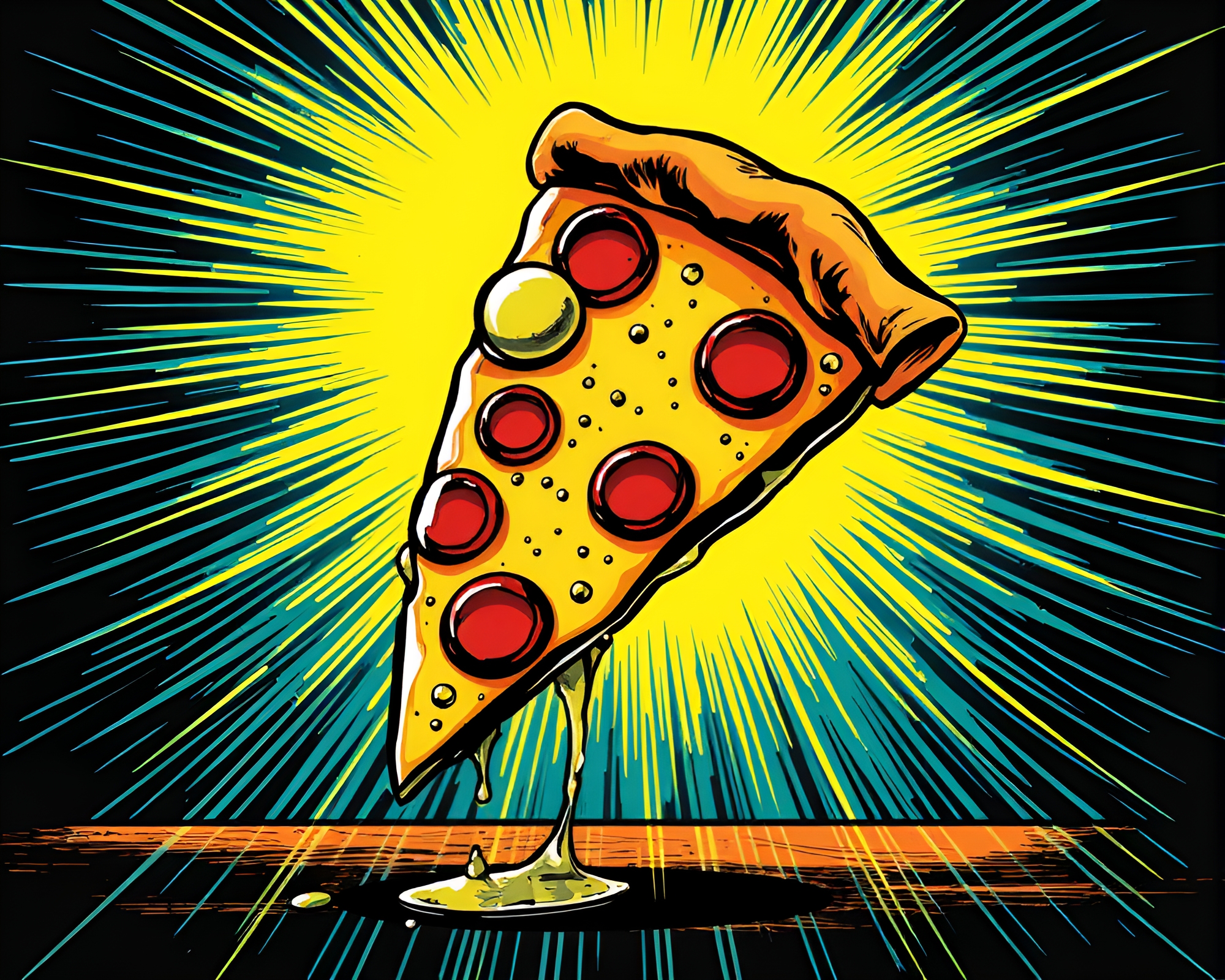Comic Style Pizza Slice Through Distorted Glass – free AI stock image