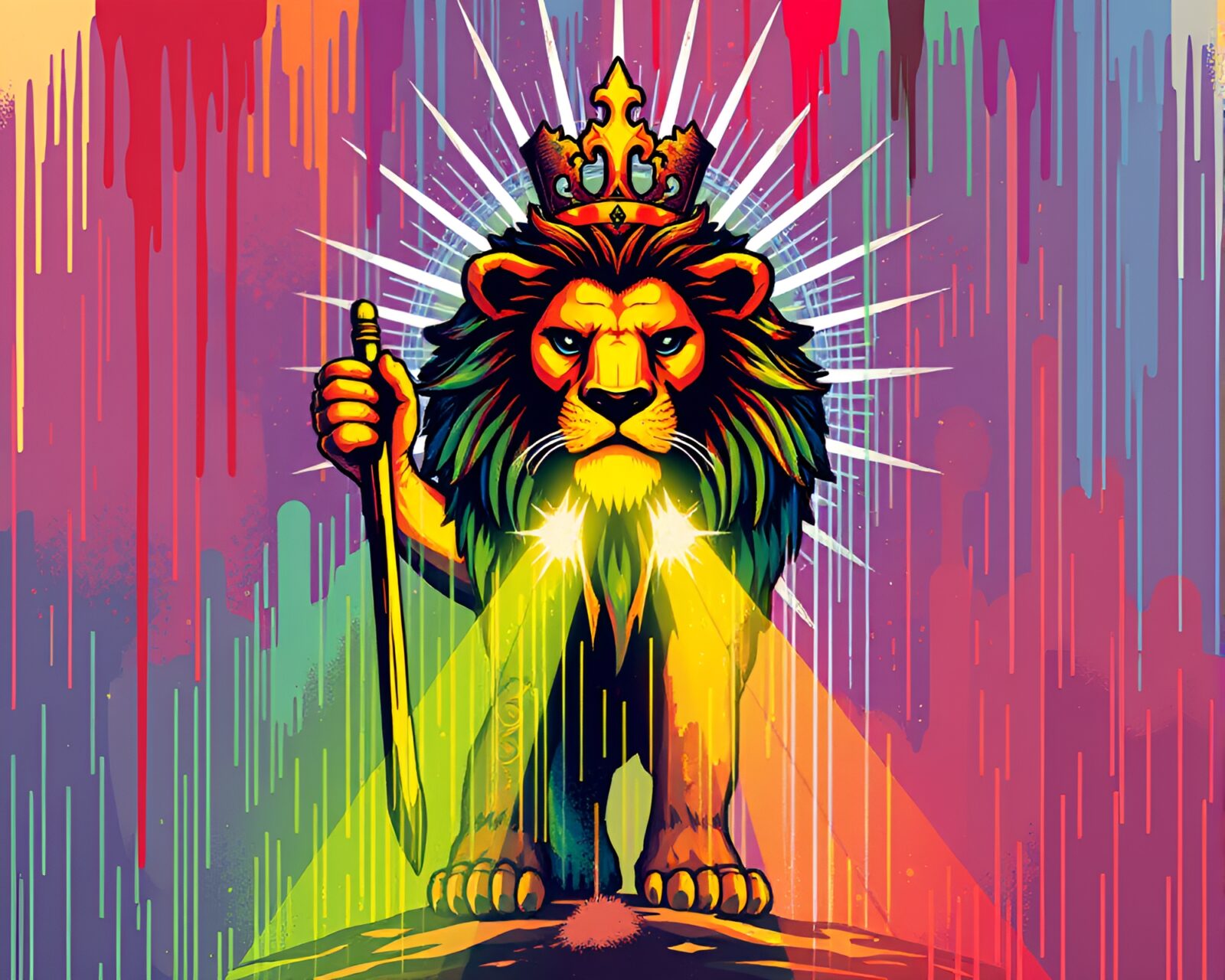 Pixel art lion basking in divine paint drips