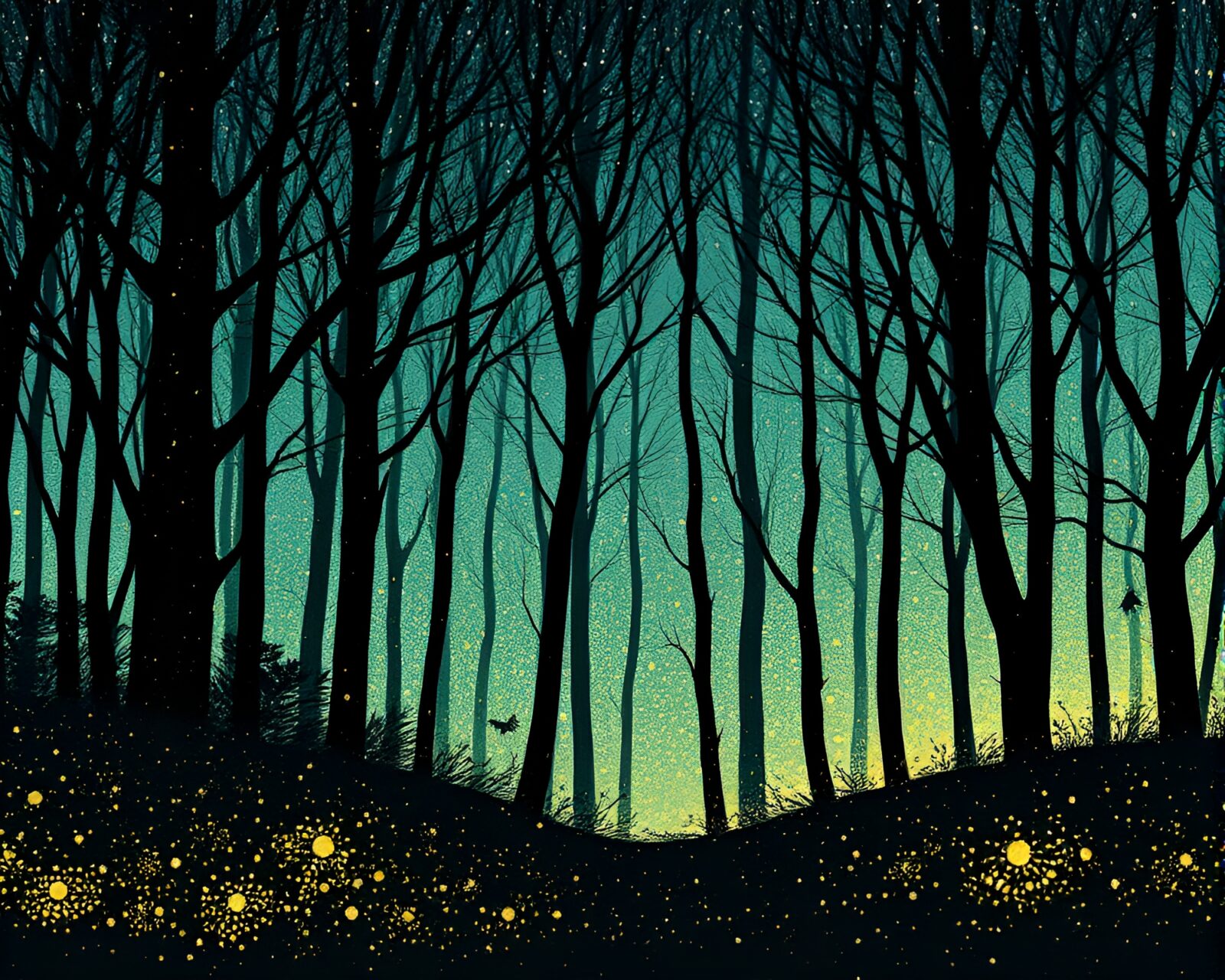 Glowing linocut textures in a mystical forest at night