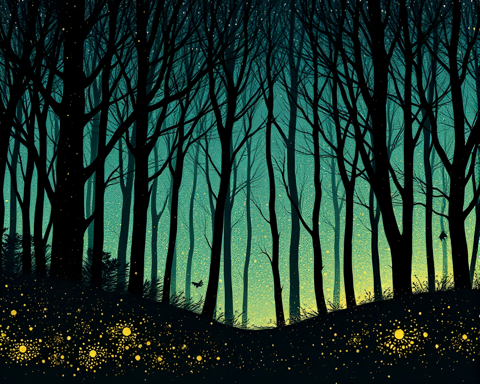 Enchanted Bioluminescent Forest in Silhouette Illustration – free AI stock image