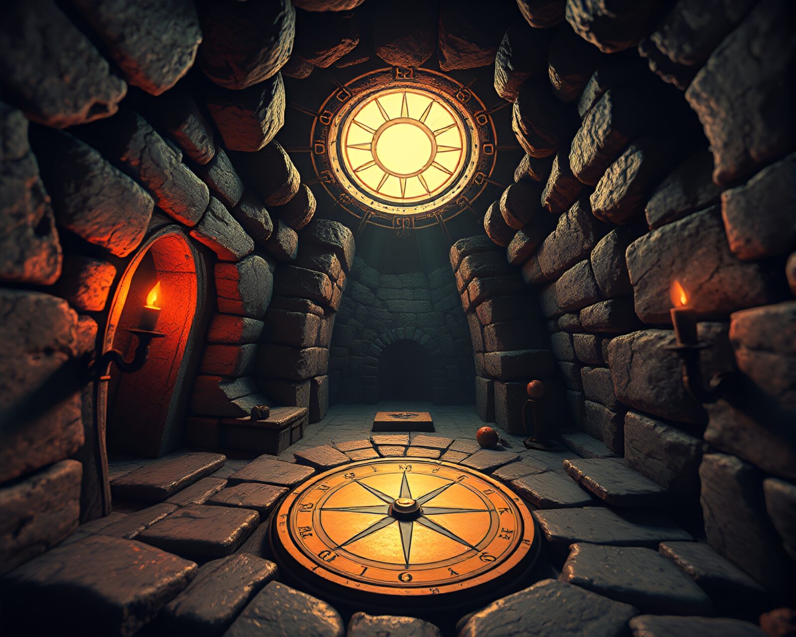 Worm's eye view of a futuristic pocket sundial in dungeon setting