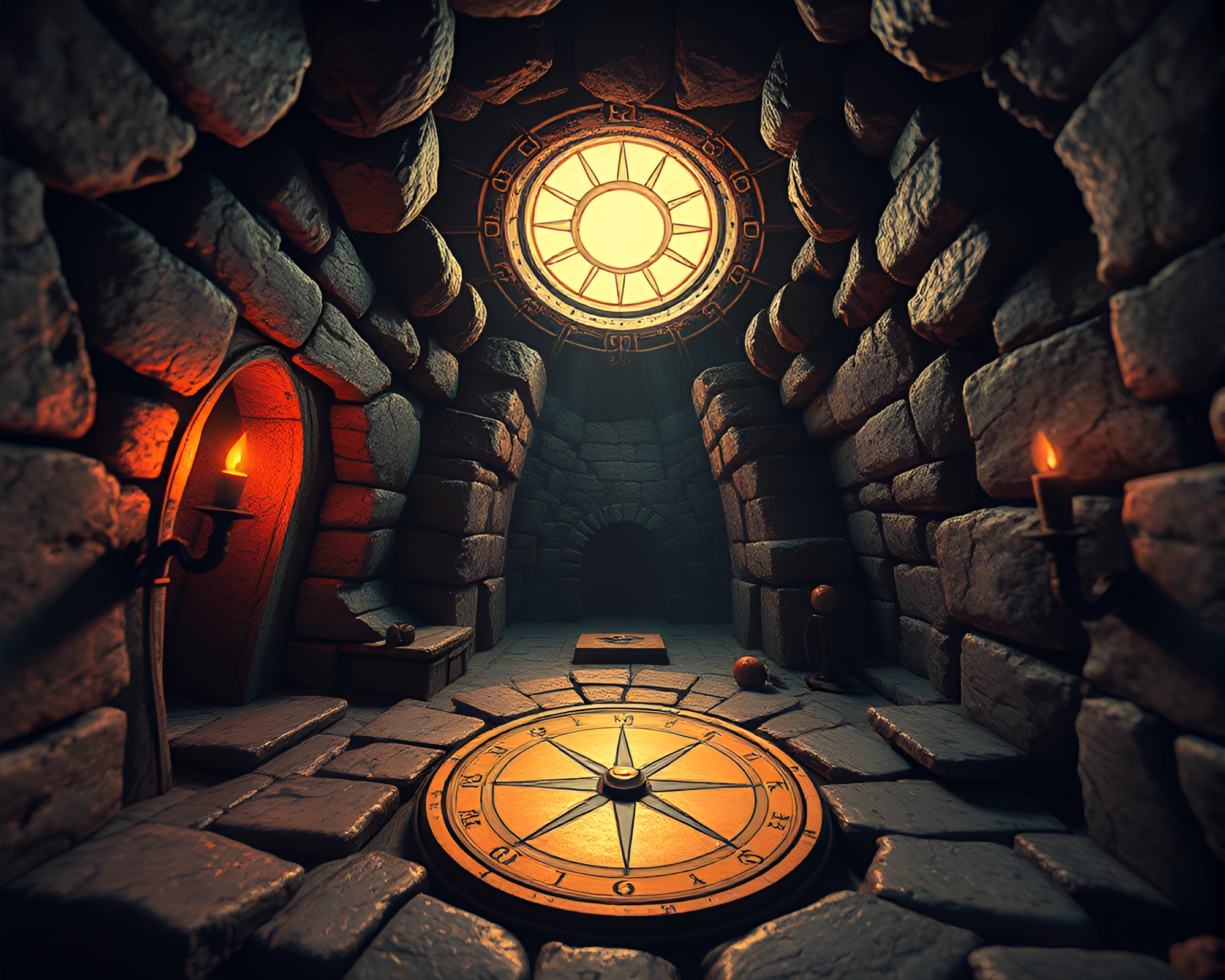 Glitchy Pocket Sundial in Dungeon Torchlight – free AI stock image