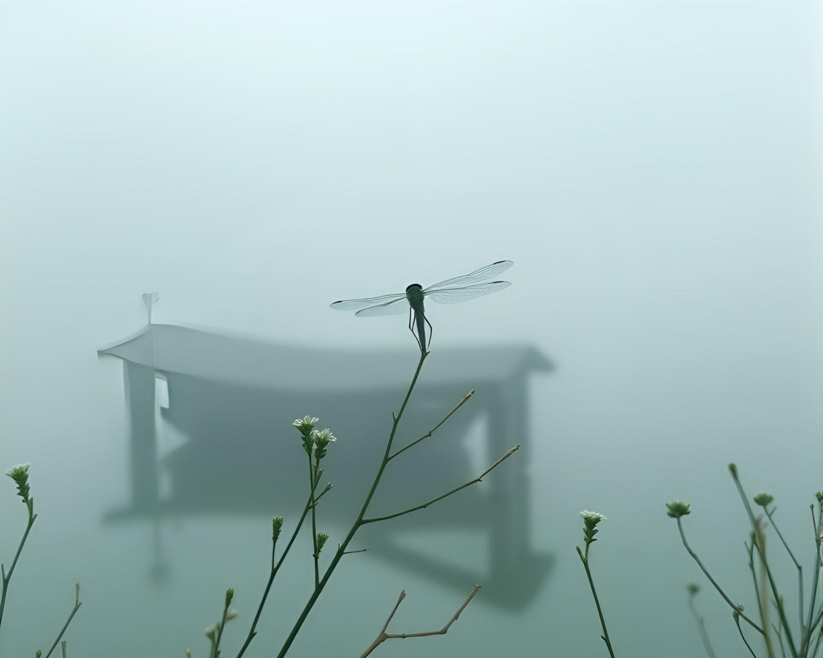 Mint green-hued dragonfly emerges from foggy backdrop