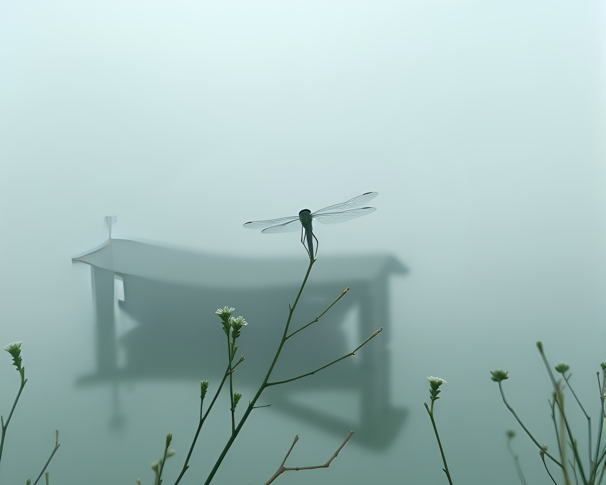 Dragonfly in Mint Green Fog Banks Vignette – free AI stock image
