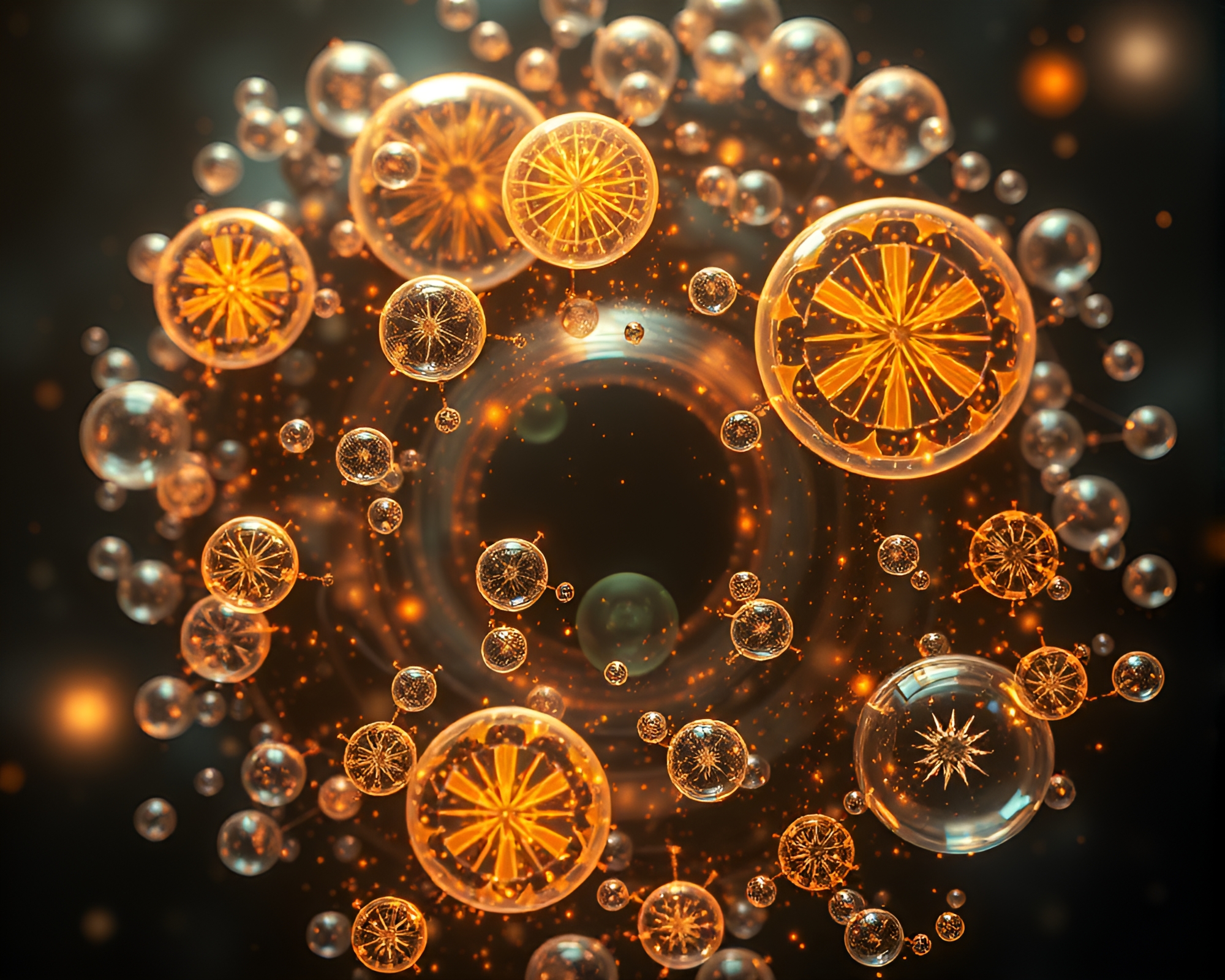 Glowing Alchemical Bubble Clusters Exploding with Symbols – free AI stock image