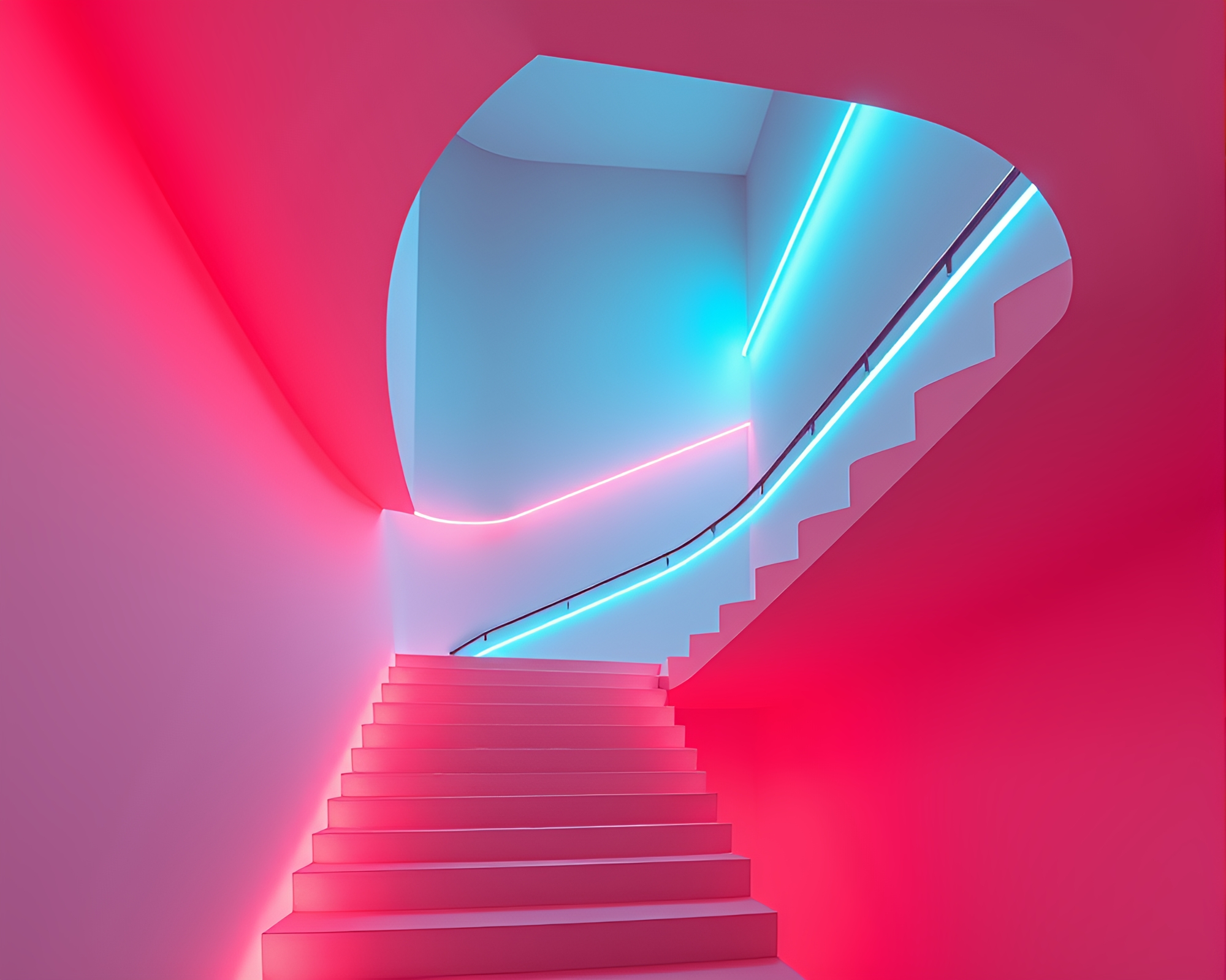 Optical Illusion Neon Staircase Artwork – free AI stock image