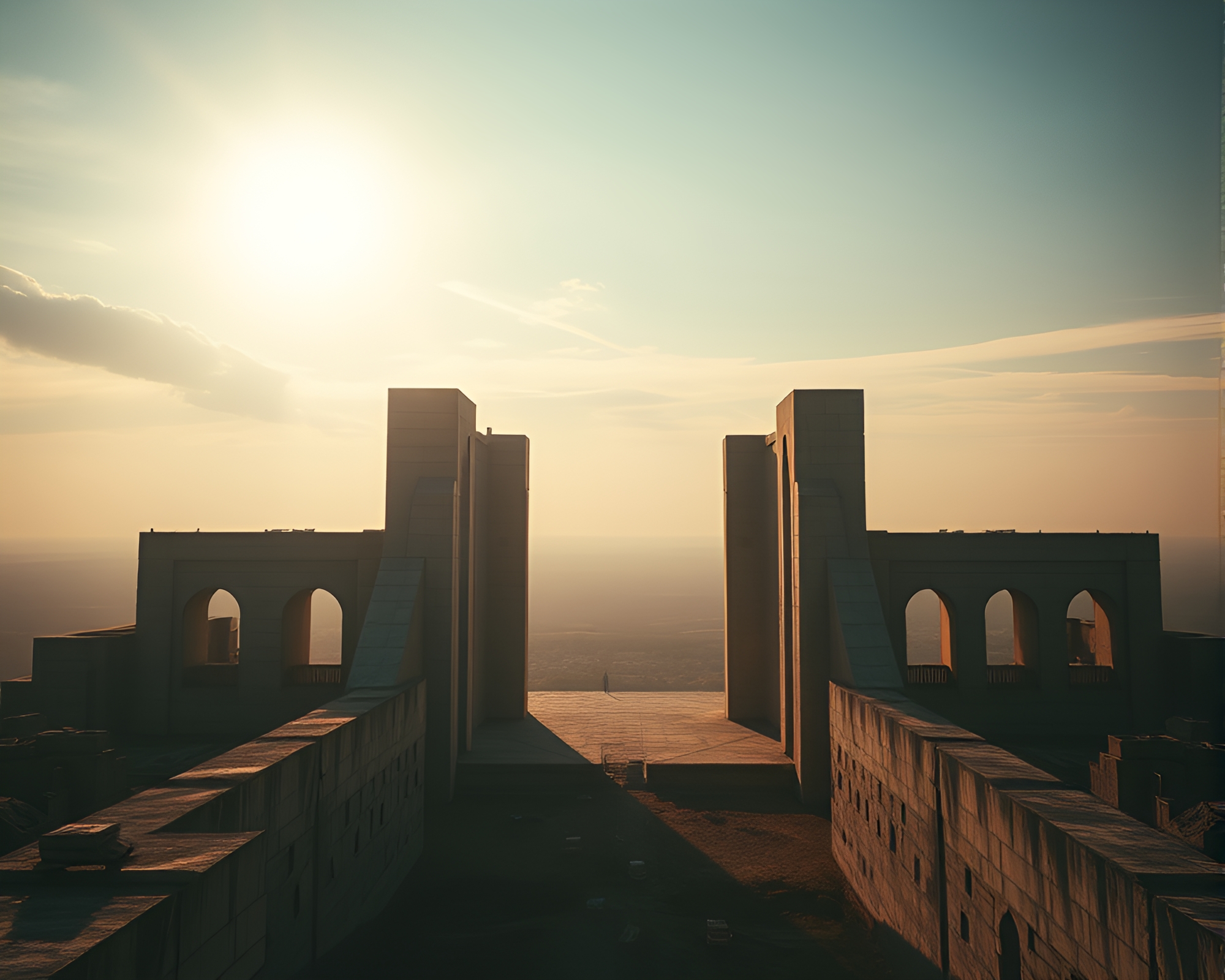 Surreal Architectural Dreamscape in Faded Denim Spotlight – free AI stock image