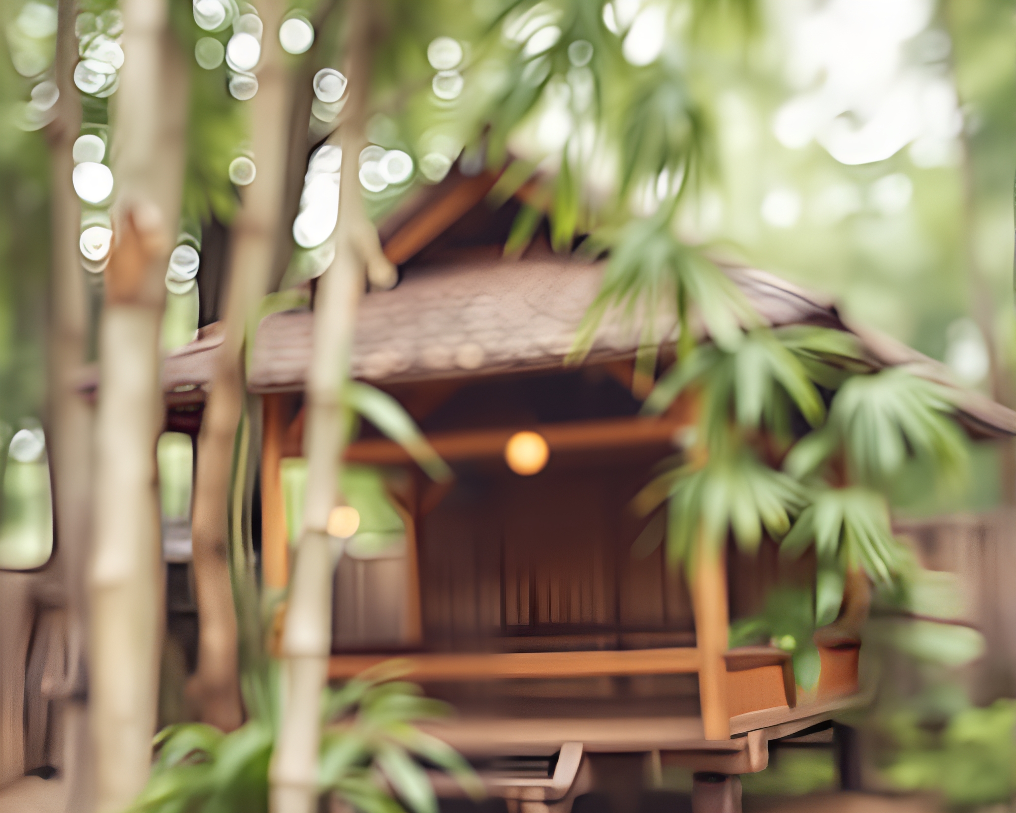 Serene Bamboo Hut in Duotone Watercolor Bokeh Foreground – free AI stock image