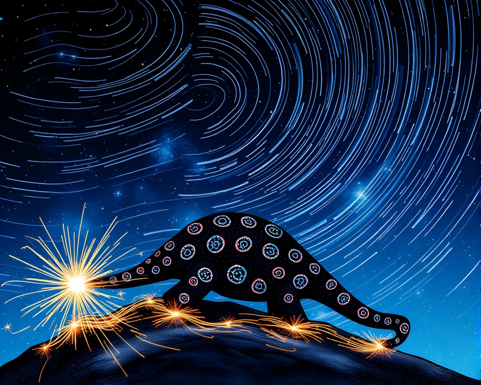 Glowing sparkler trails surrounding a cosmic armadillo in tattoo style