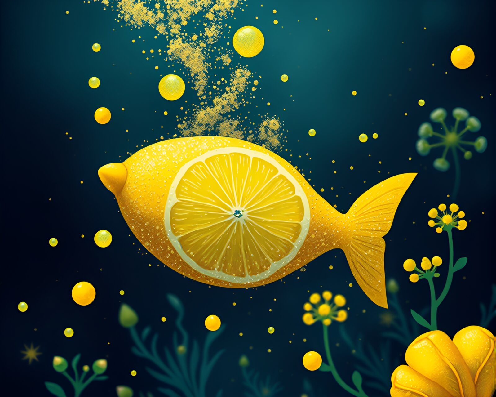 Botanical submarine scene with swirling dust particles and yellow light