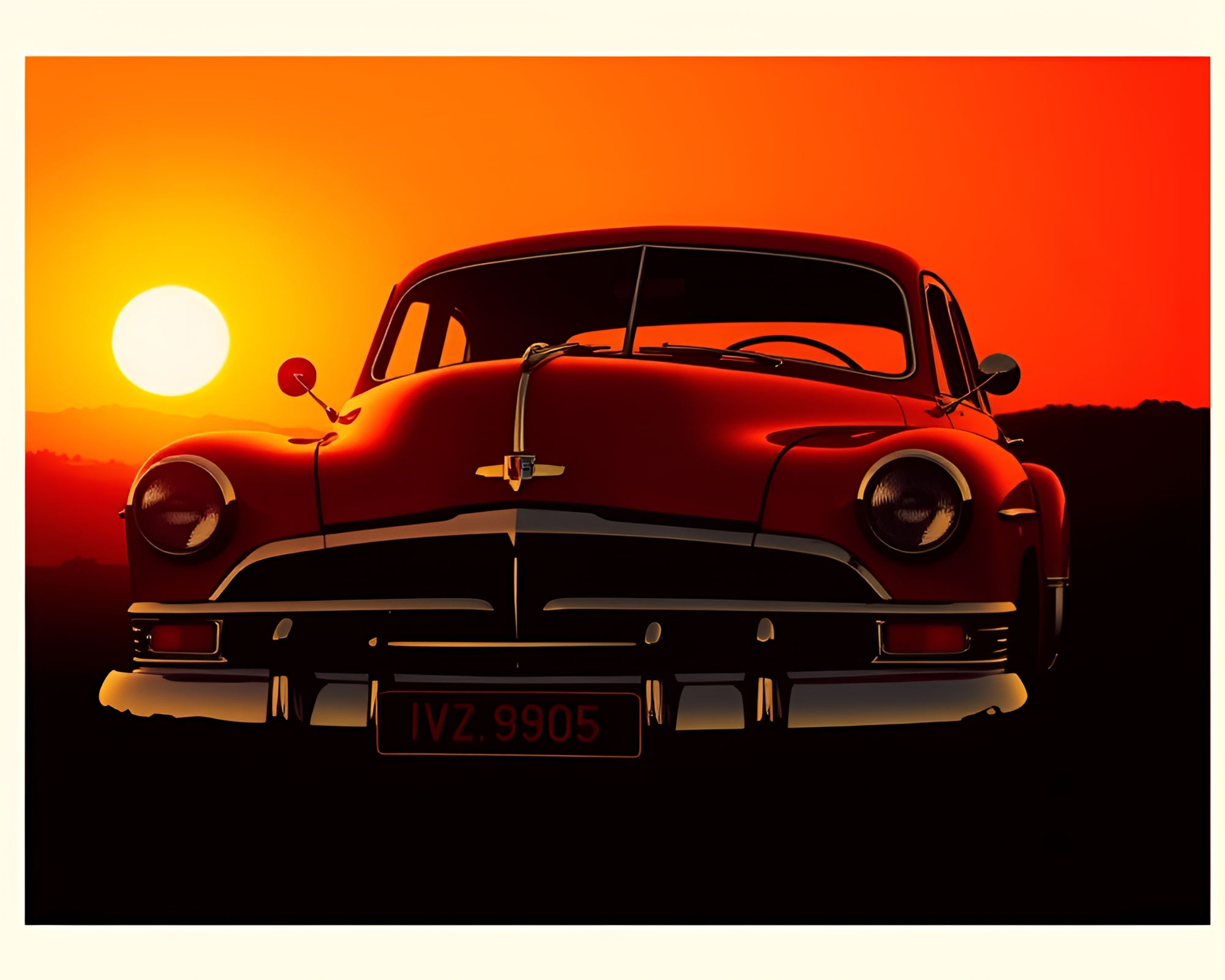 Vintage Car Sunset Stencil Shadows Chiaroscuro Art – free AI stock image