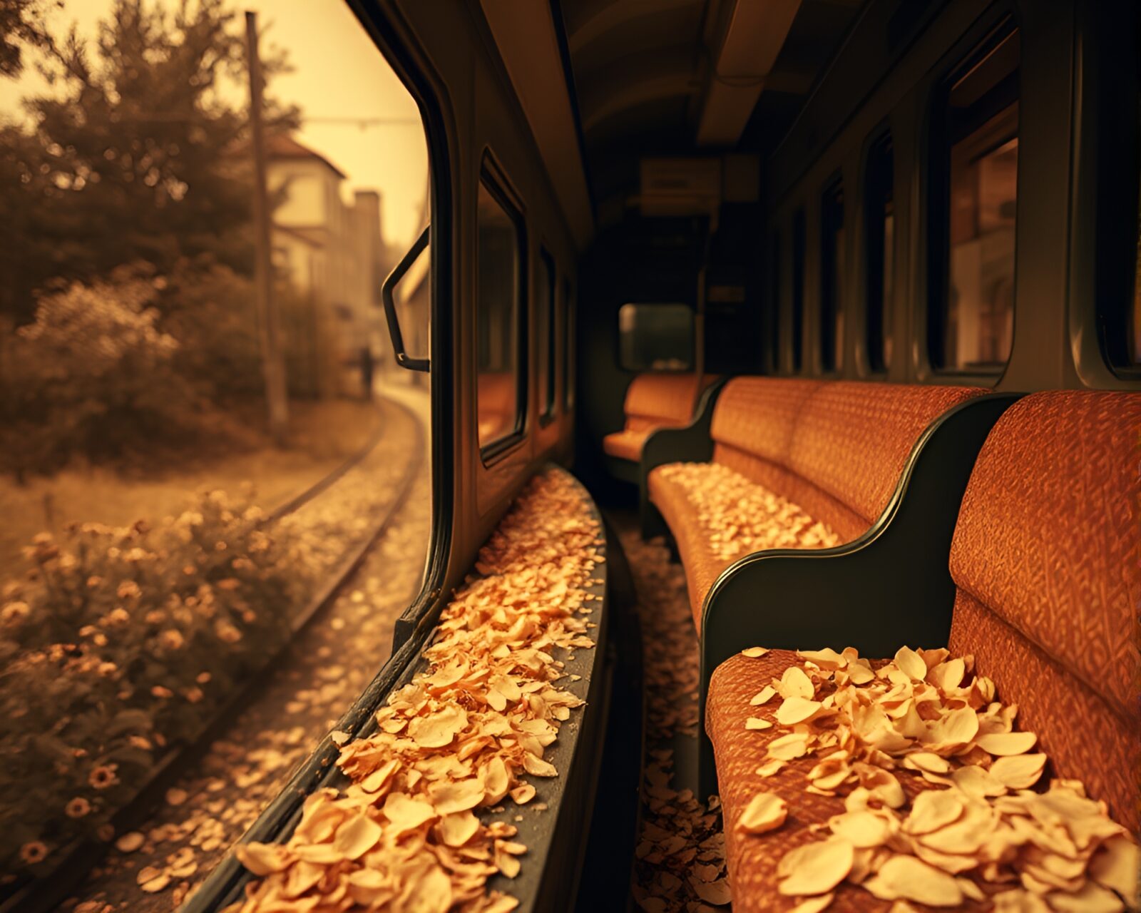 Train locomotive covered in delicate flower petals in sepia light