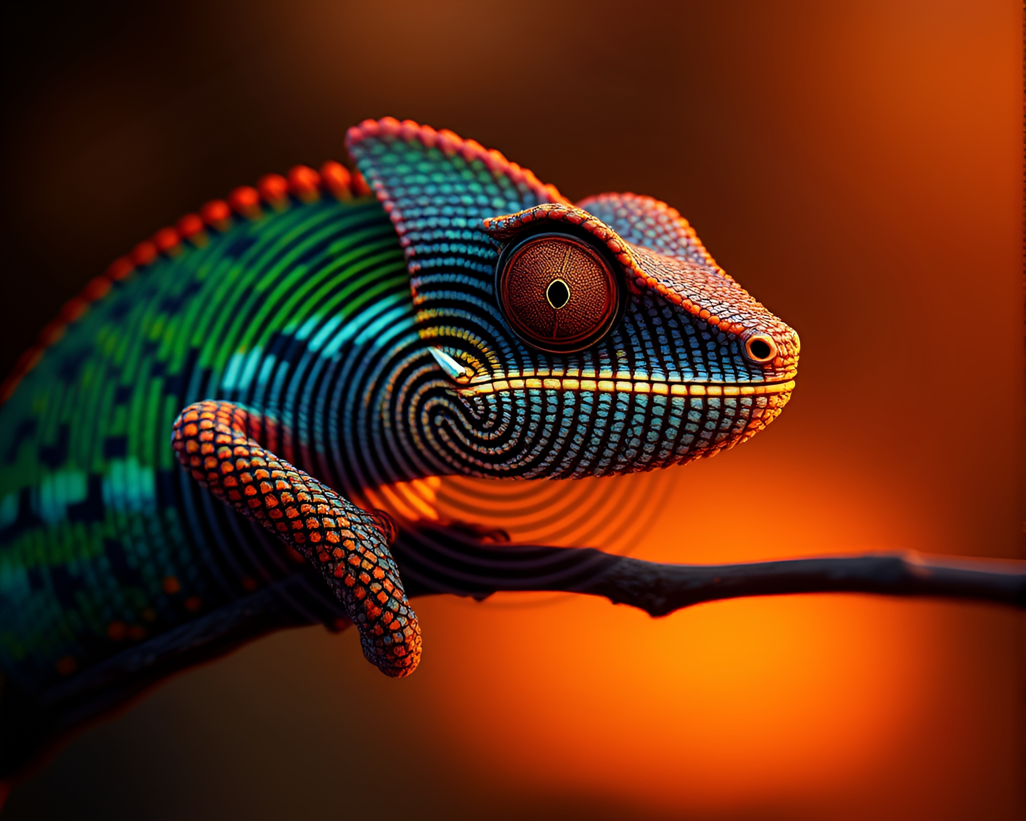 Golden Hour Chameleon with Fingerprint Swirl – free AI stock image
