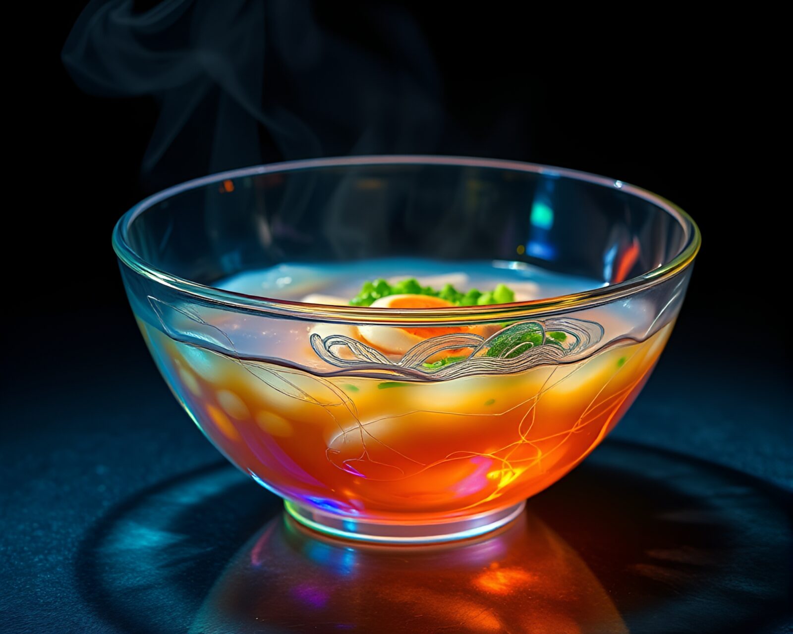 Dramatic chiaroscuro lighting on iridescent soap film ramen bowl