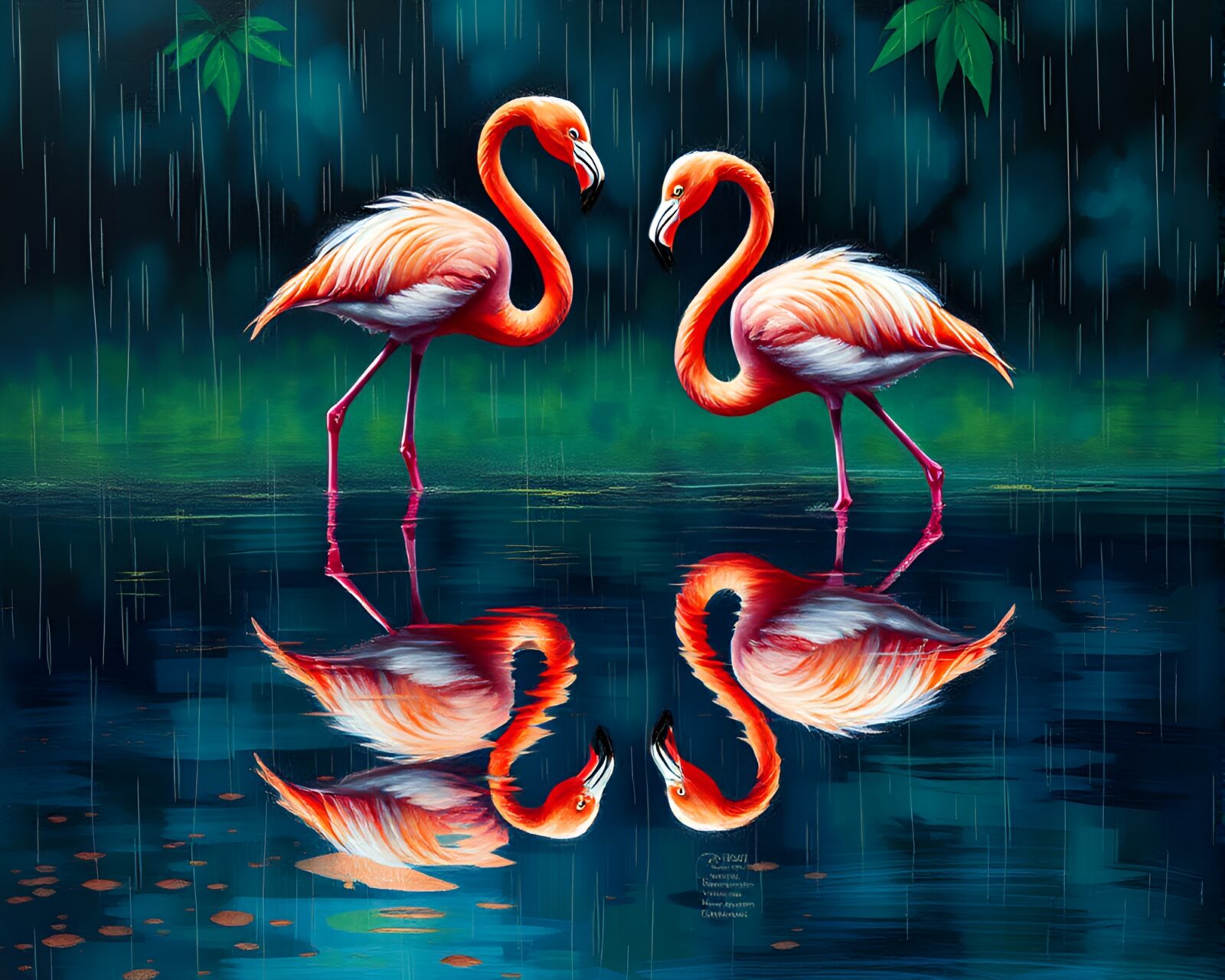 A vibrant impasto painting of flamingos reflecting in rainy water