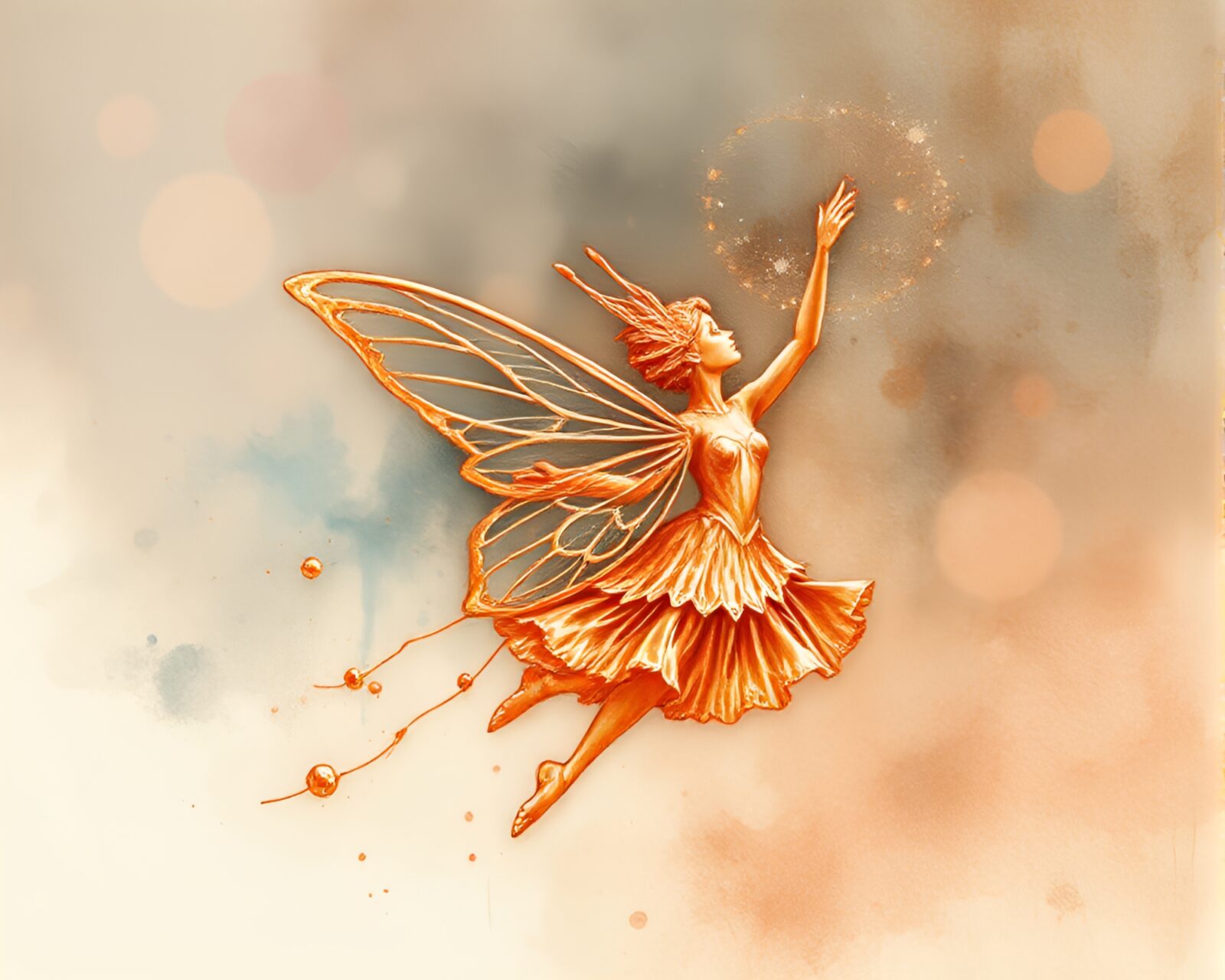 A whimsical fairy depicted in delicate copper tones and crosshatched watercolor