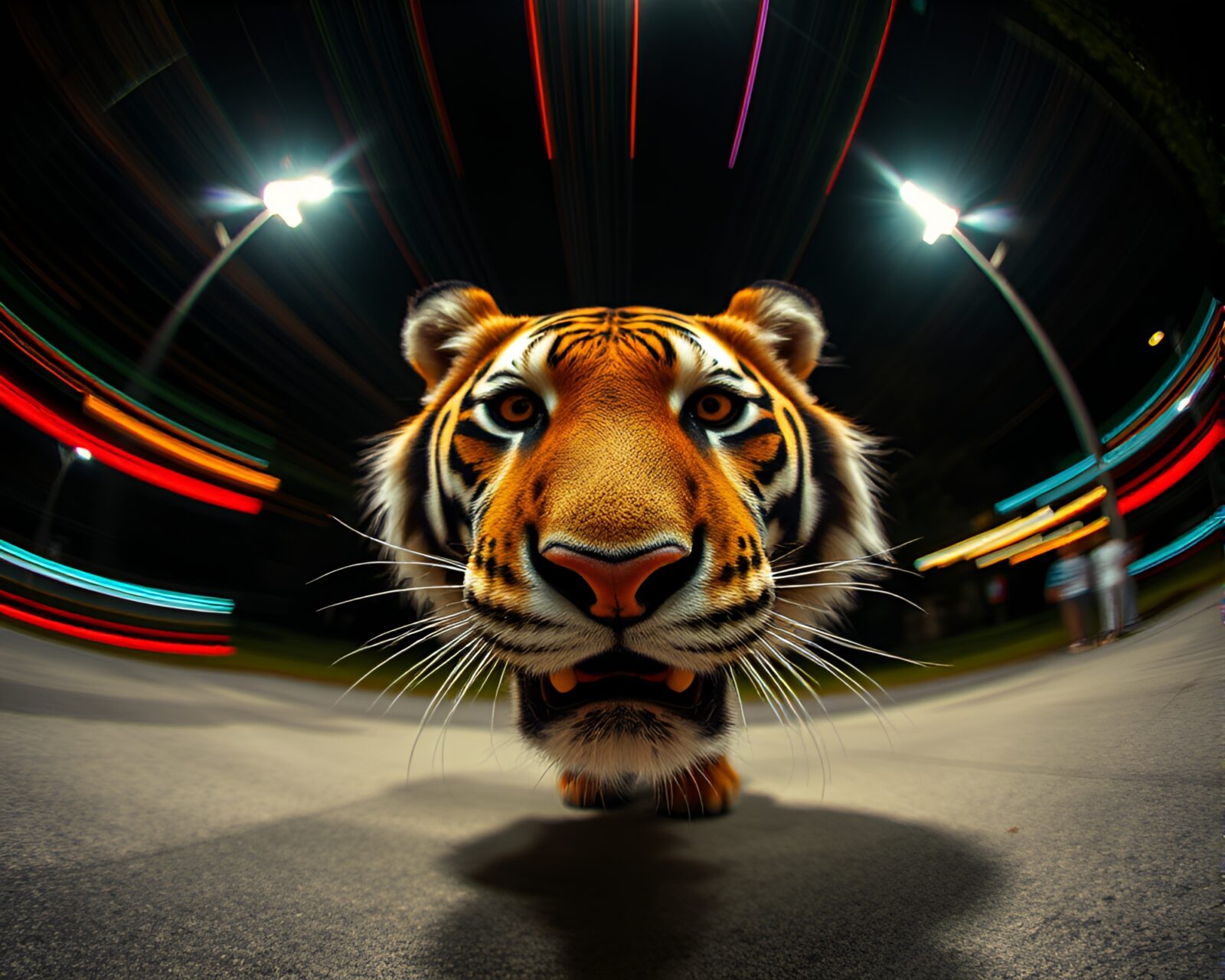 A mesmerizing tiger in wide-angle fisheye view with streaks of light.