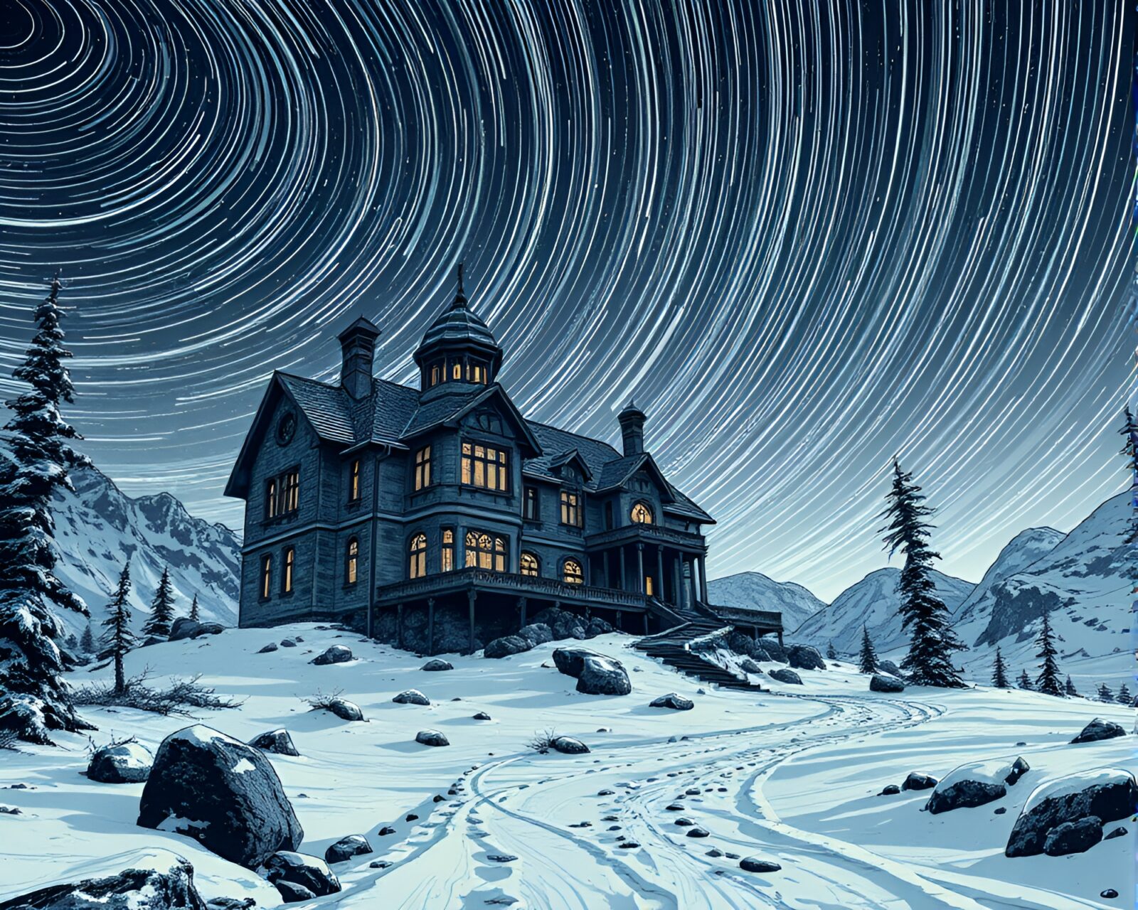 Comic book-style mansion in starry whiteout landscape