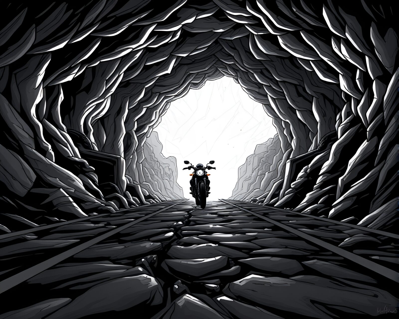 Sleek hoverbike emerging from shadowed cave with dramatic lines.