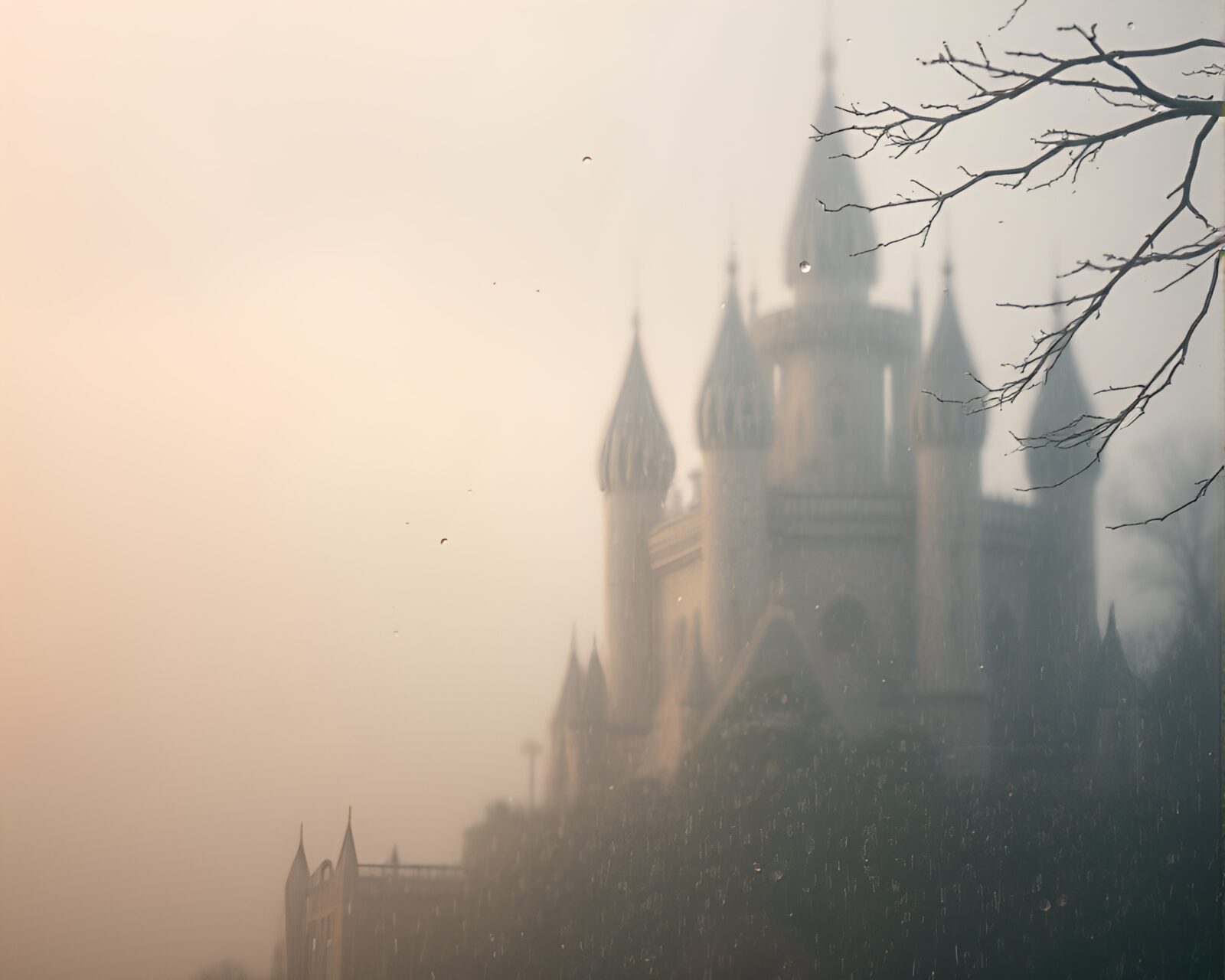 Magical castle in the rain with dreamy atmosphere