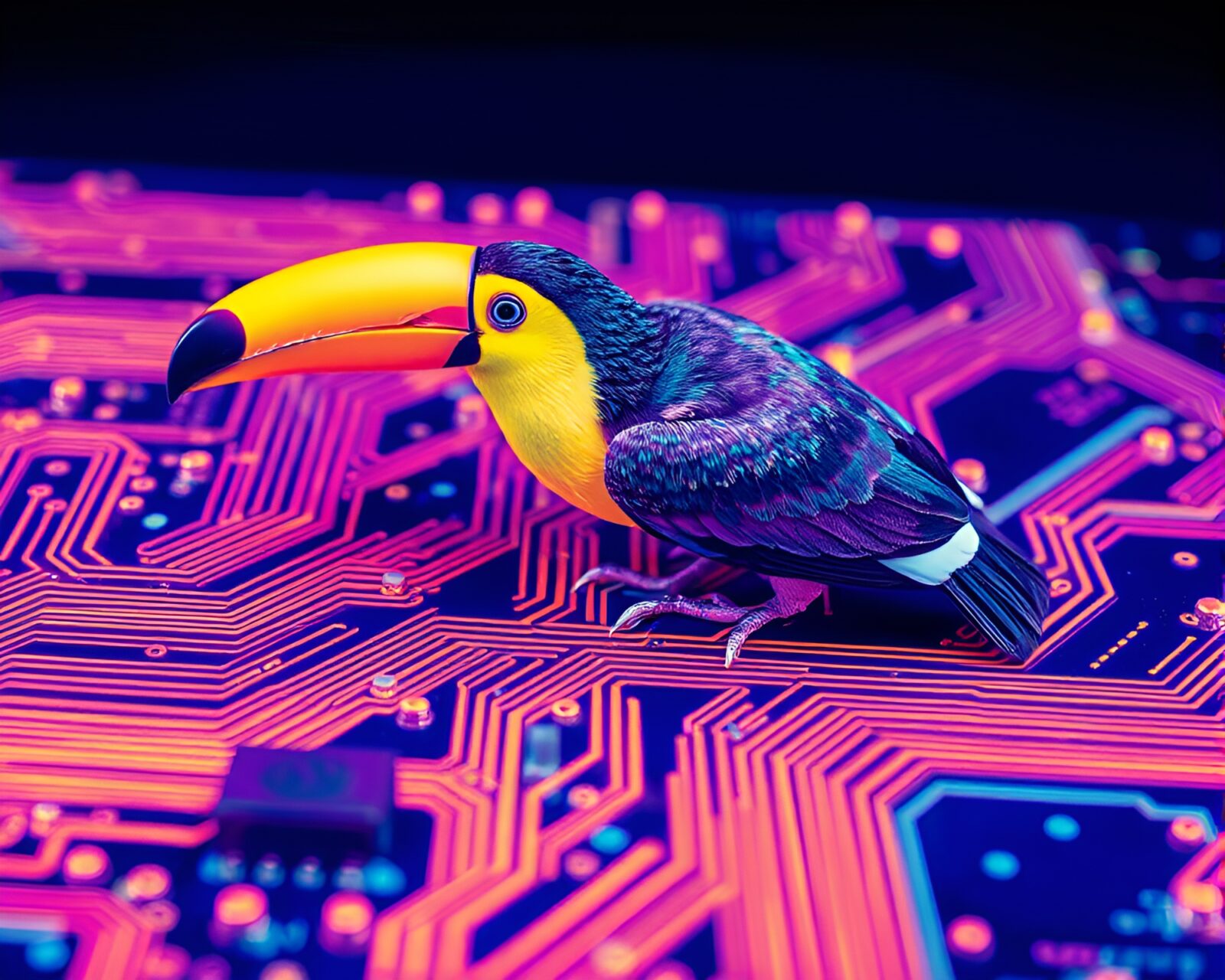 Colorful toucan blending with circuit board traces in bright topaz light