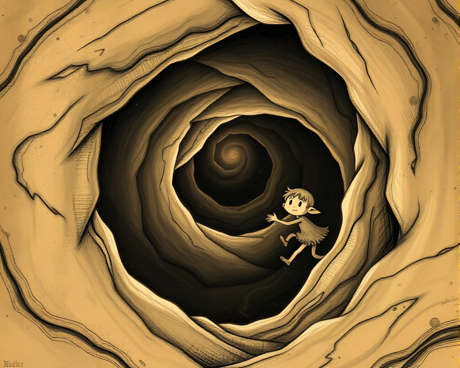 Whimsical children's illustration of a sepia-toned elf spinning