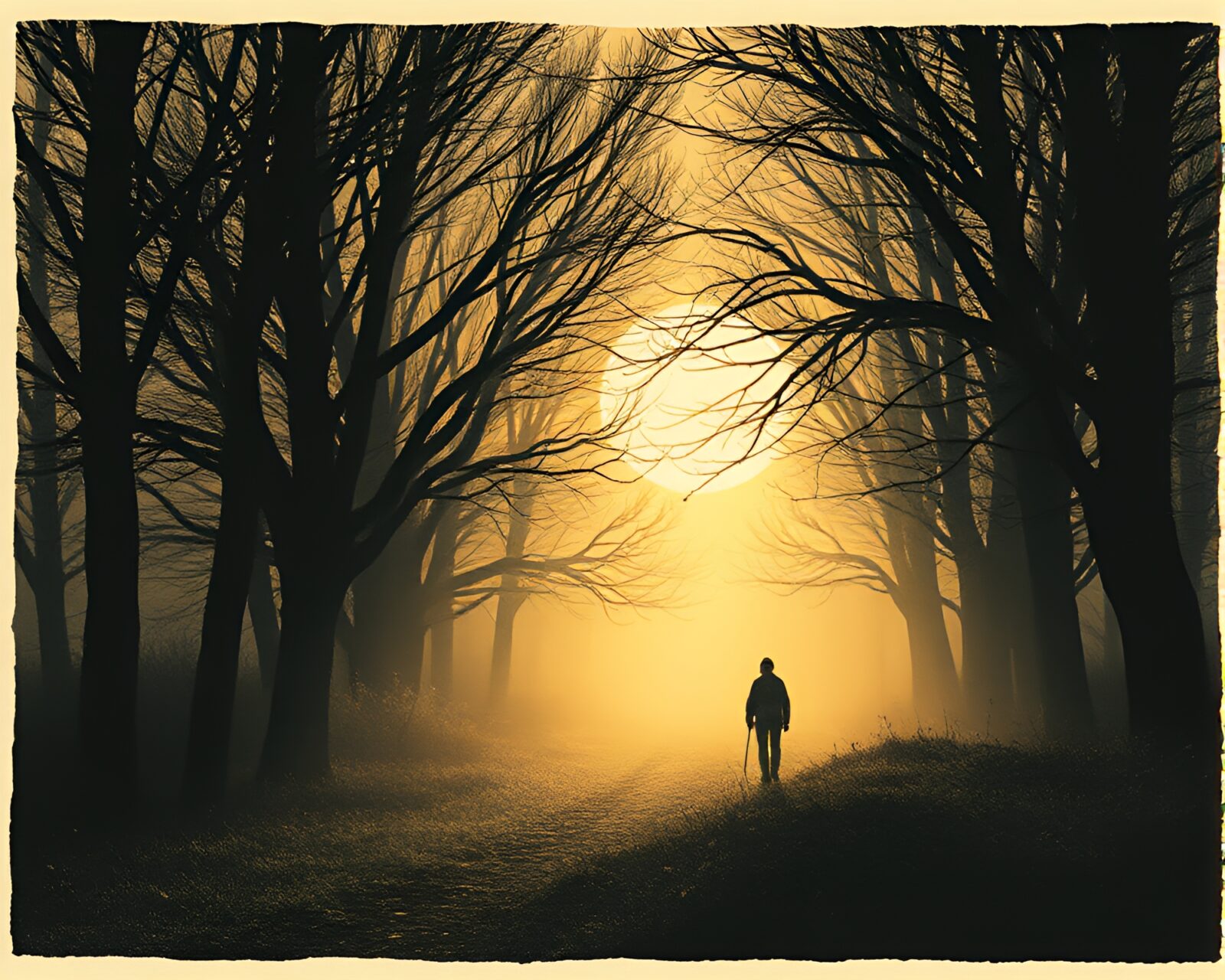Backlit silhouette amidst misty linocut textures optical illusion