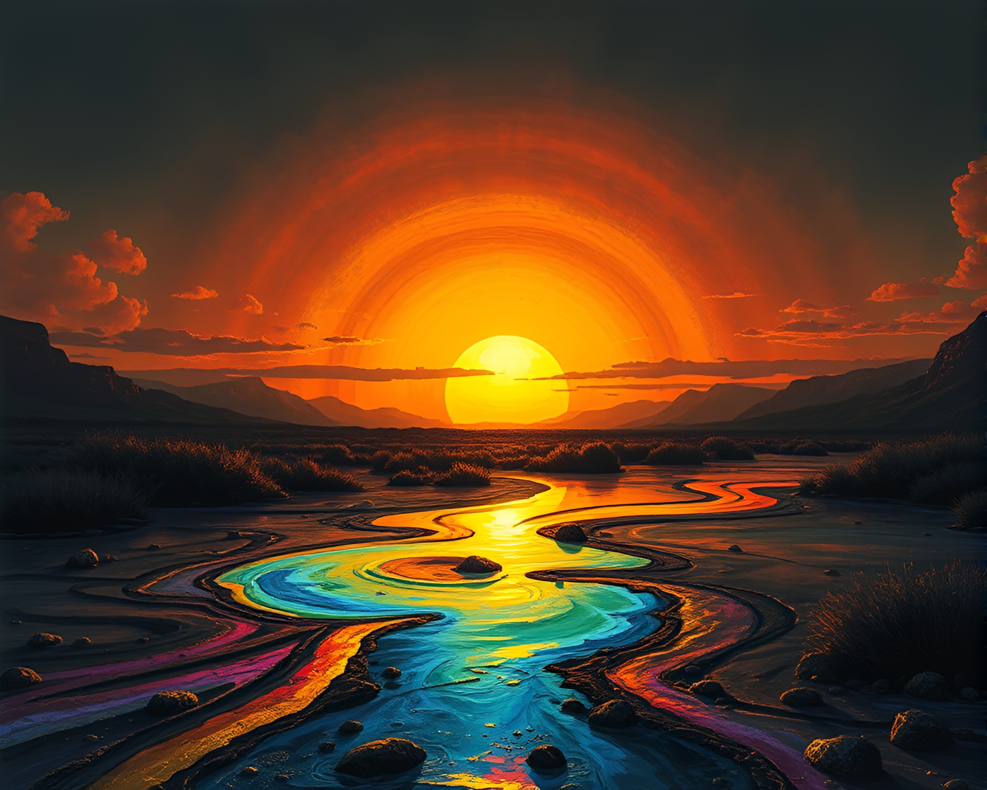 Troll emerging in oil slick rainbow landscape – free AI stock image