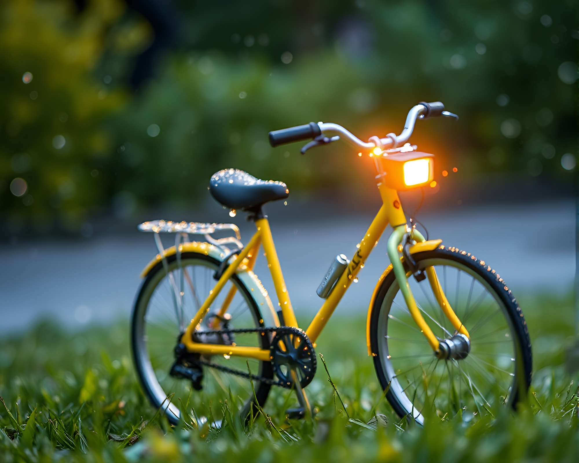 Solar-Powered Bike in Miniature World with Dew Drops – free AI stock image