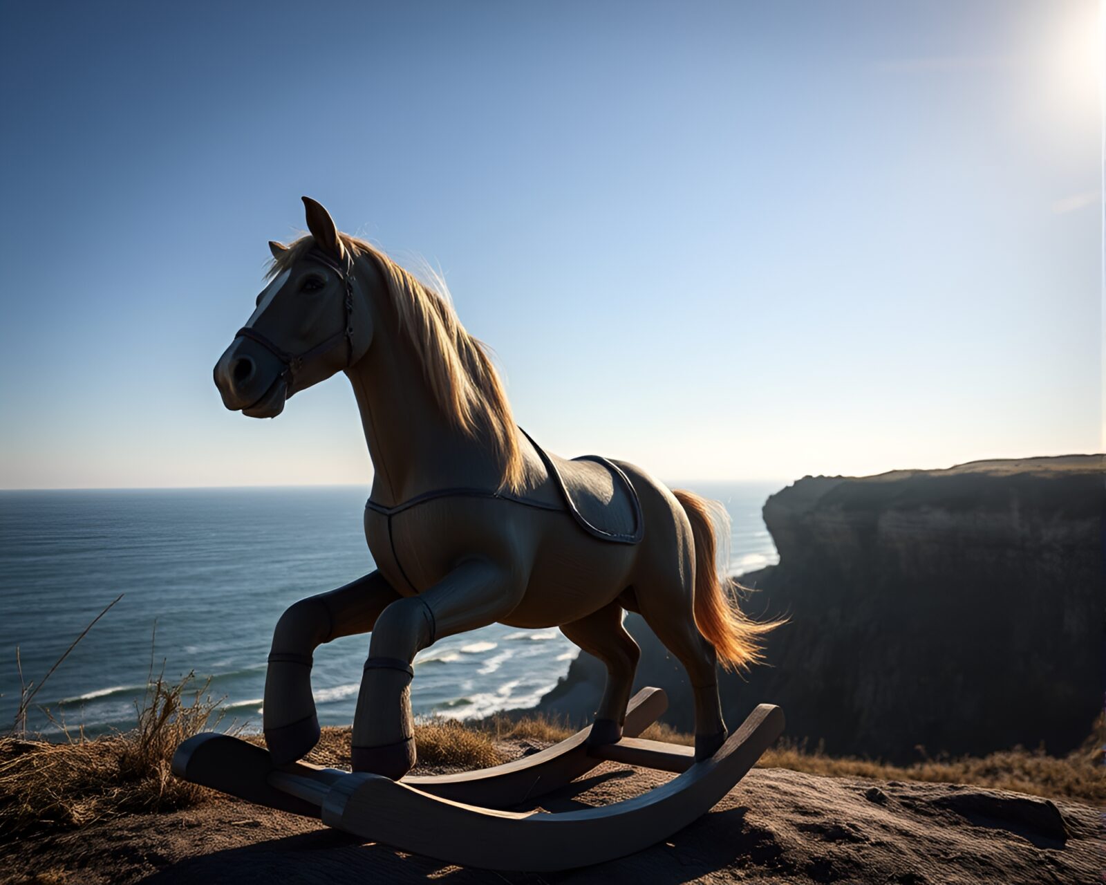Dynamic zoom burst effect on wooden rocking horse overlooking cliffside