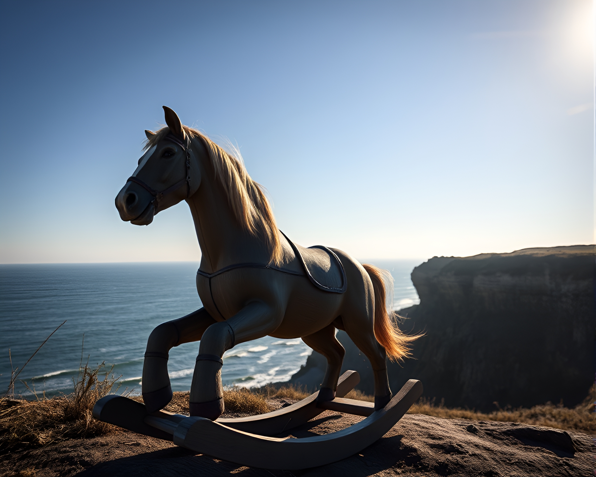Zoom Burst Wooden Rocking Horse Cliffside Ambient – free AI stock image