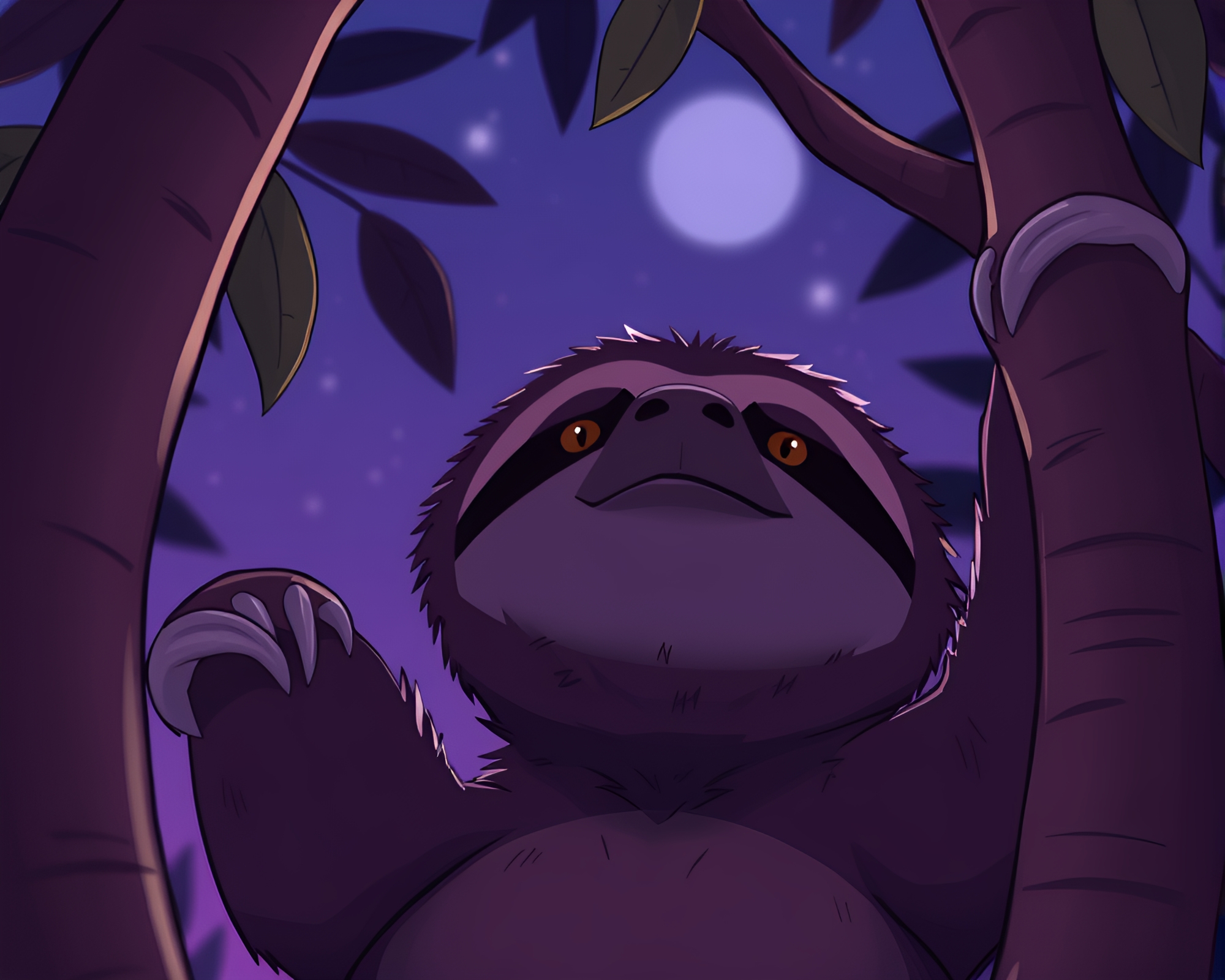 Sloth in Twilight: Cartoon Low-Angle View – free AI stock image