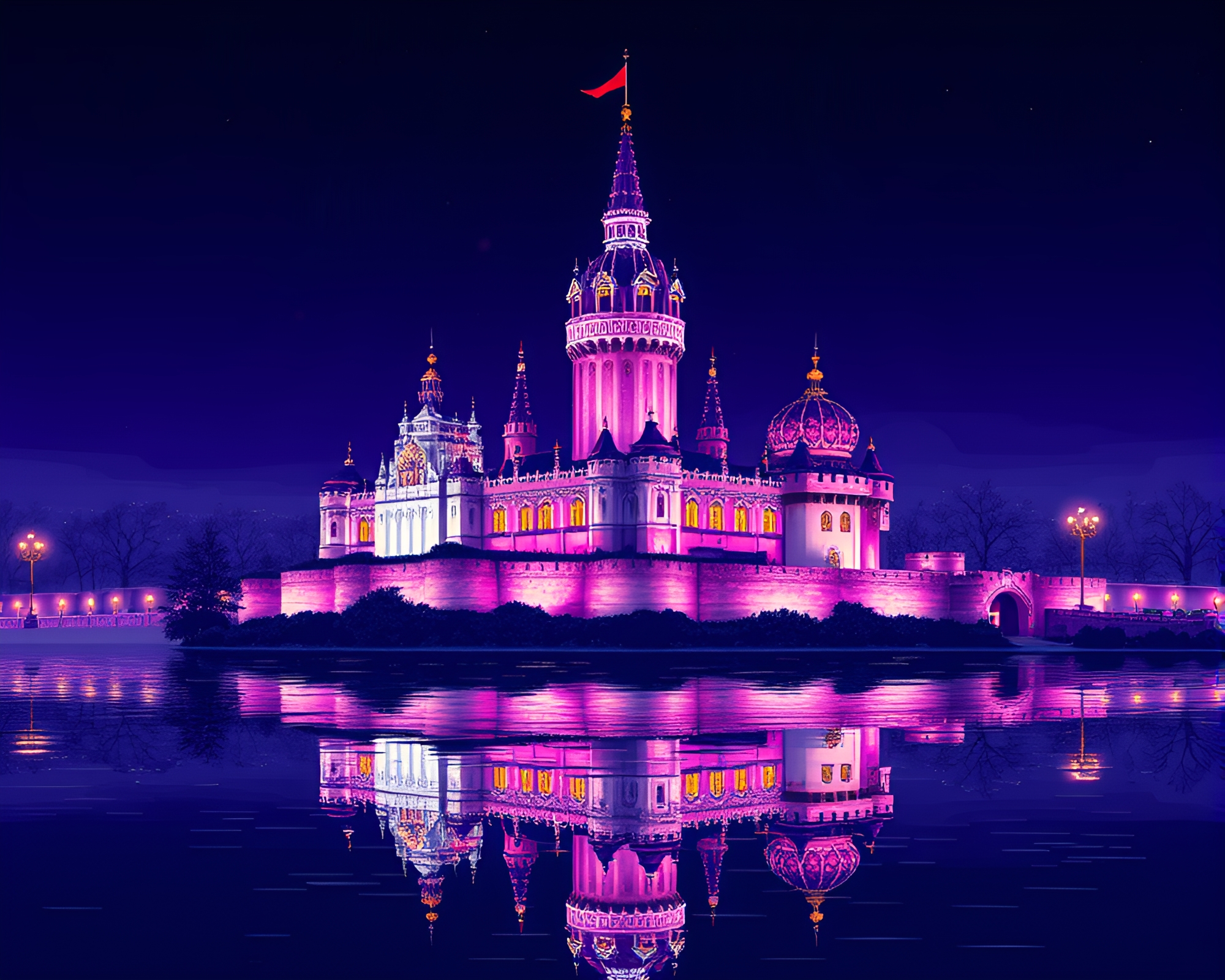 Double Reflection Castle Pixel Light Line Art Composition – free AI stock image