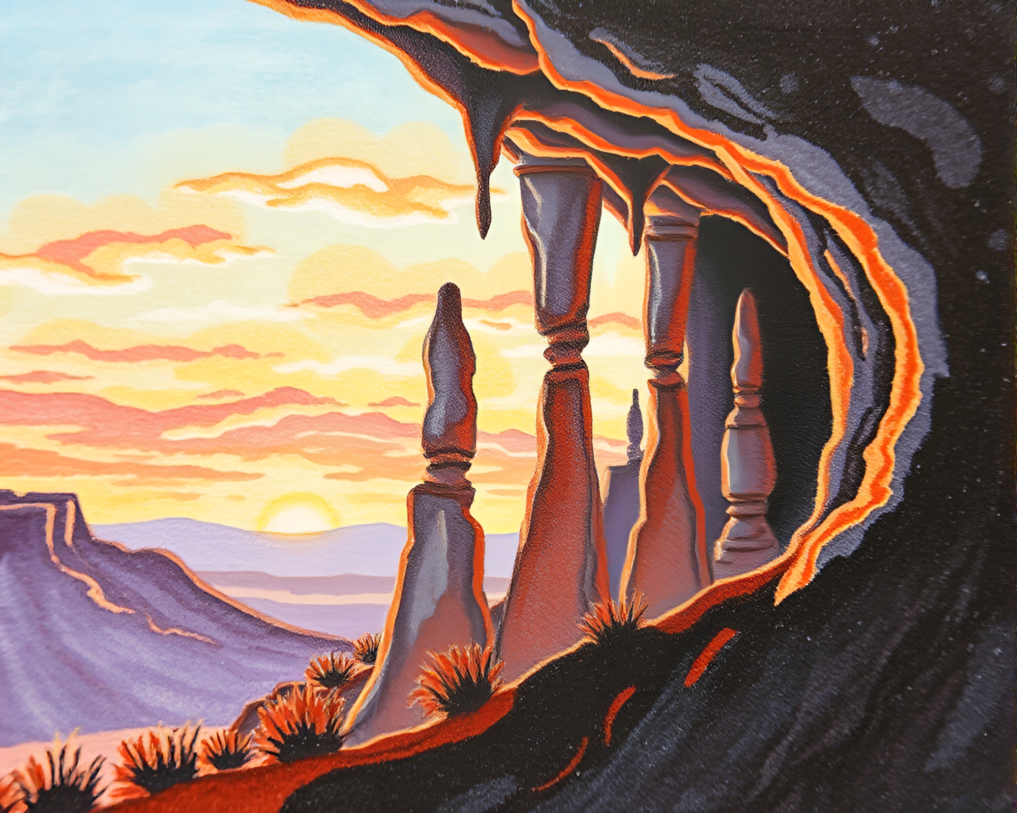 Desert Sunset Cave Stalactites Macro Pastel Drawing – free AI stock image